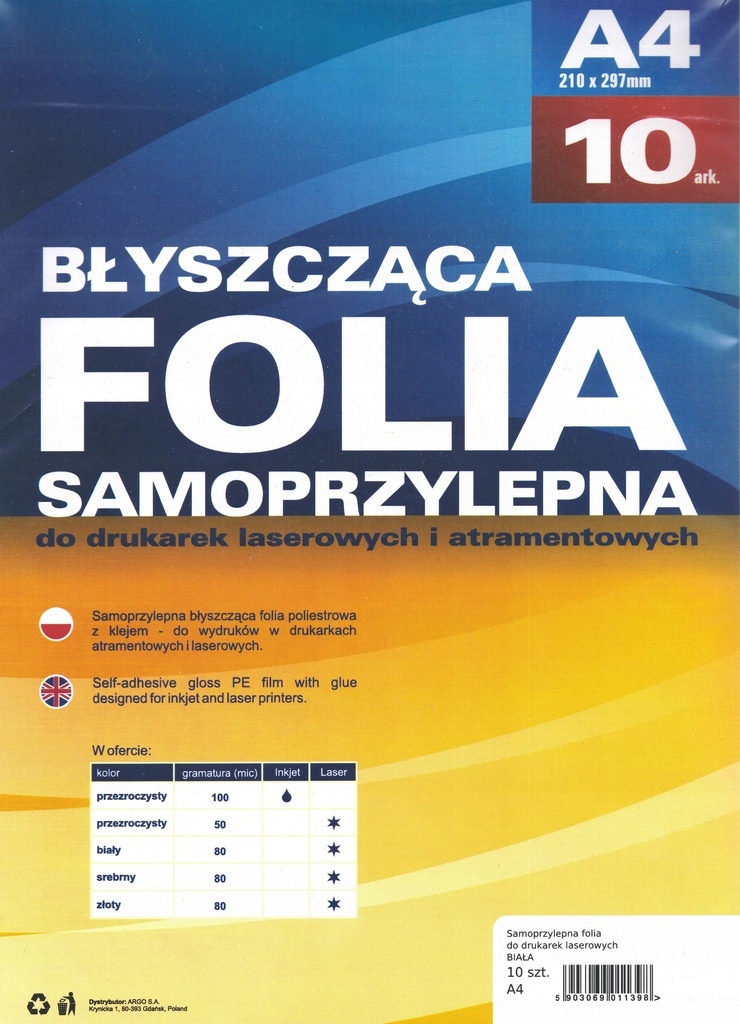

Folia do drukarek laserowych A4 samoprz. 10 Biała