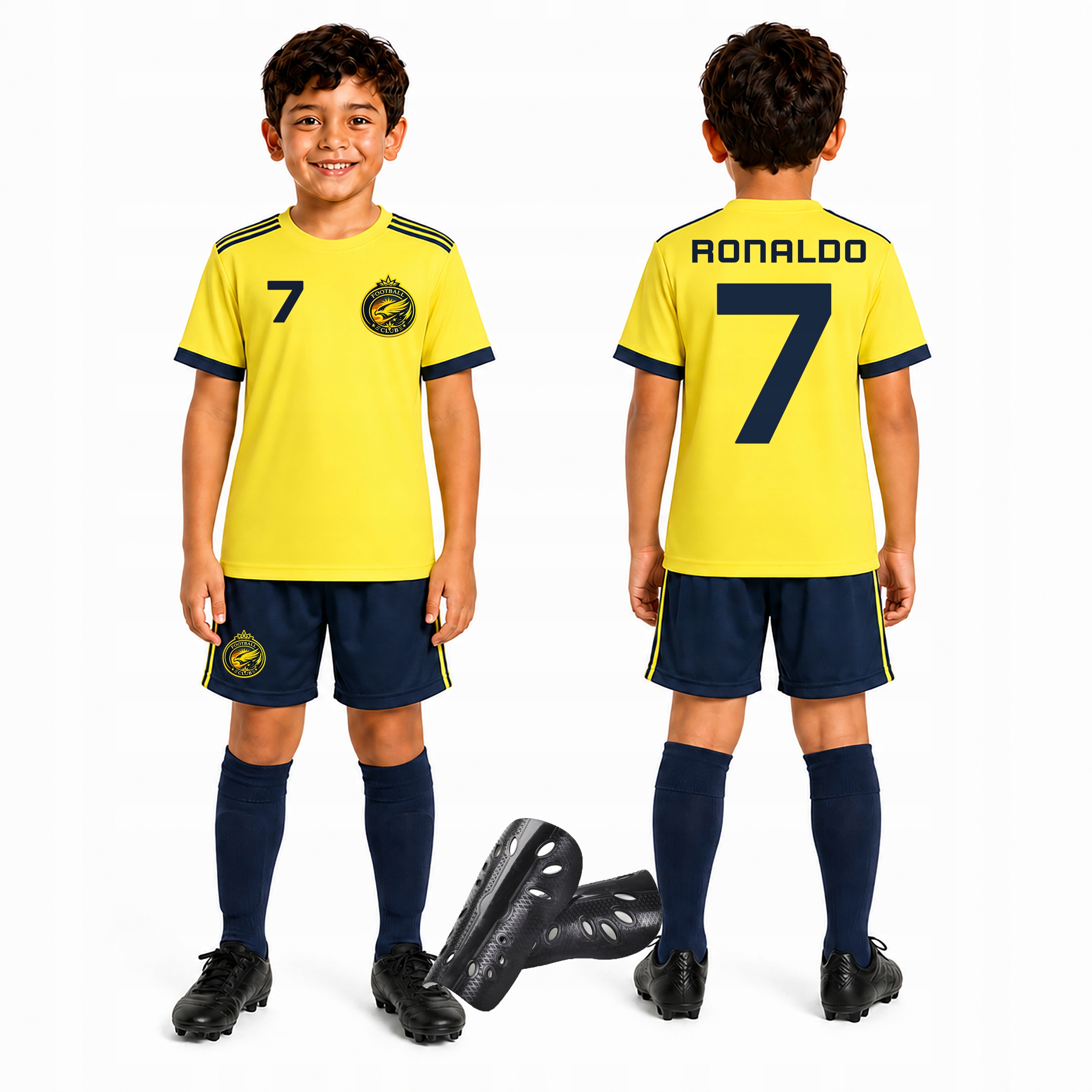strój piłkarski dla dzieci z napisem Ronaldo getry ochraniacze r 122