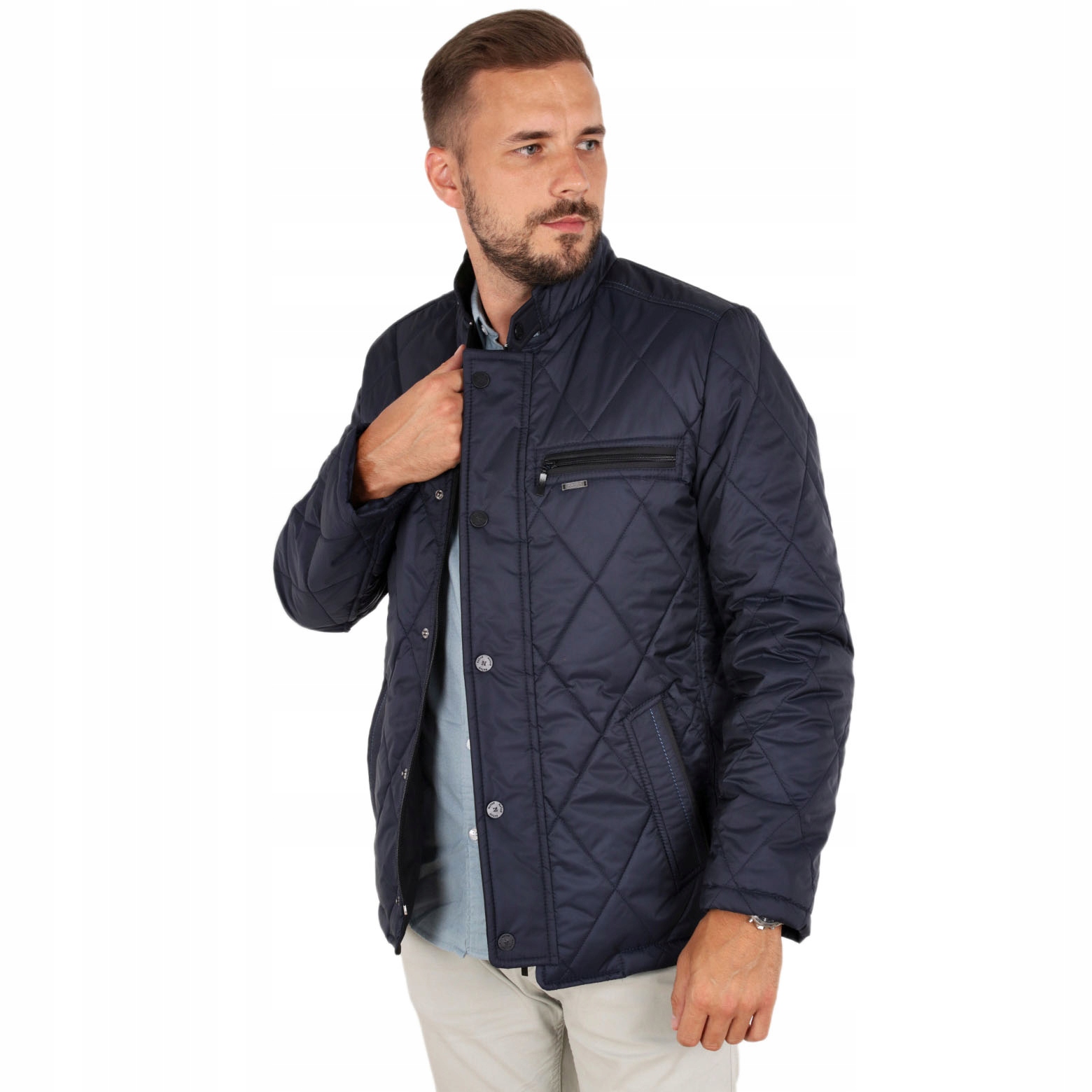 Pánská elegantní prošívaná podzimní bunda bez kapuce, tmavě modrá, K030 XXL