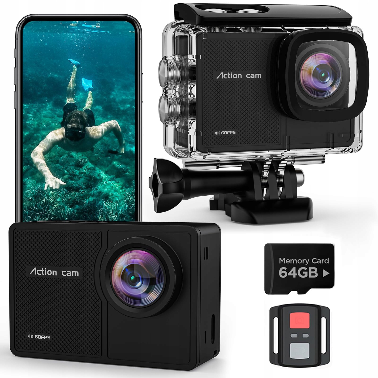 Timnut Sportovní kamera 4K 60FPS 48MP WiFi voděodolná 40M 64G Sd karta