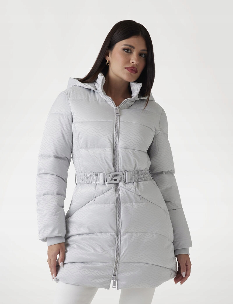 Guess Prošívaná Zimní Bunda S Kapucí A Páskem Šedá M