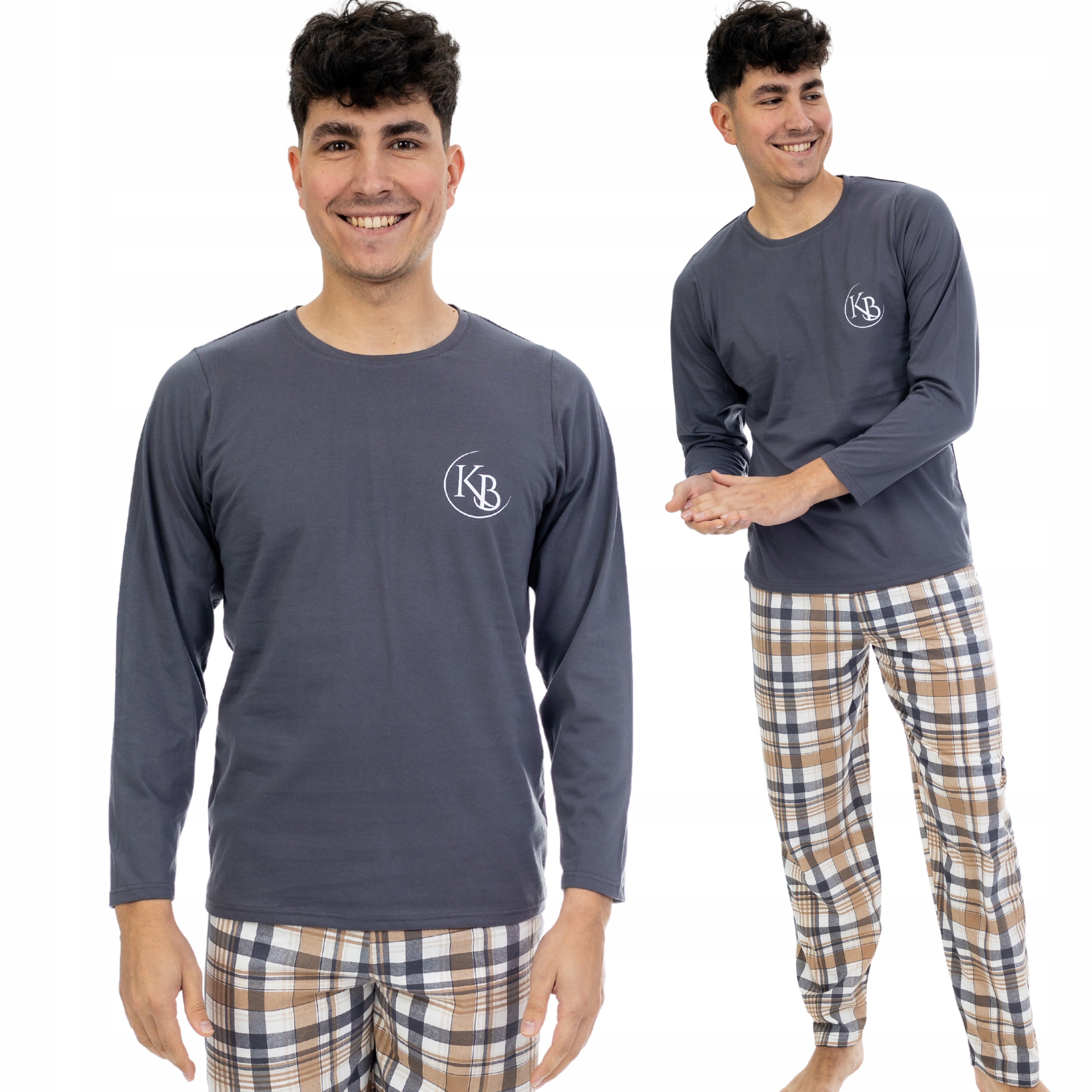 Pánské Pyžamo Rodinný Set Grafit Dlouhý Rukáv Dlouhé Kalhoty Mřížka Béžová M