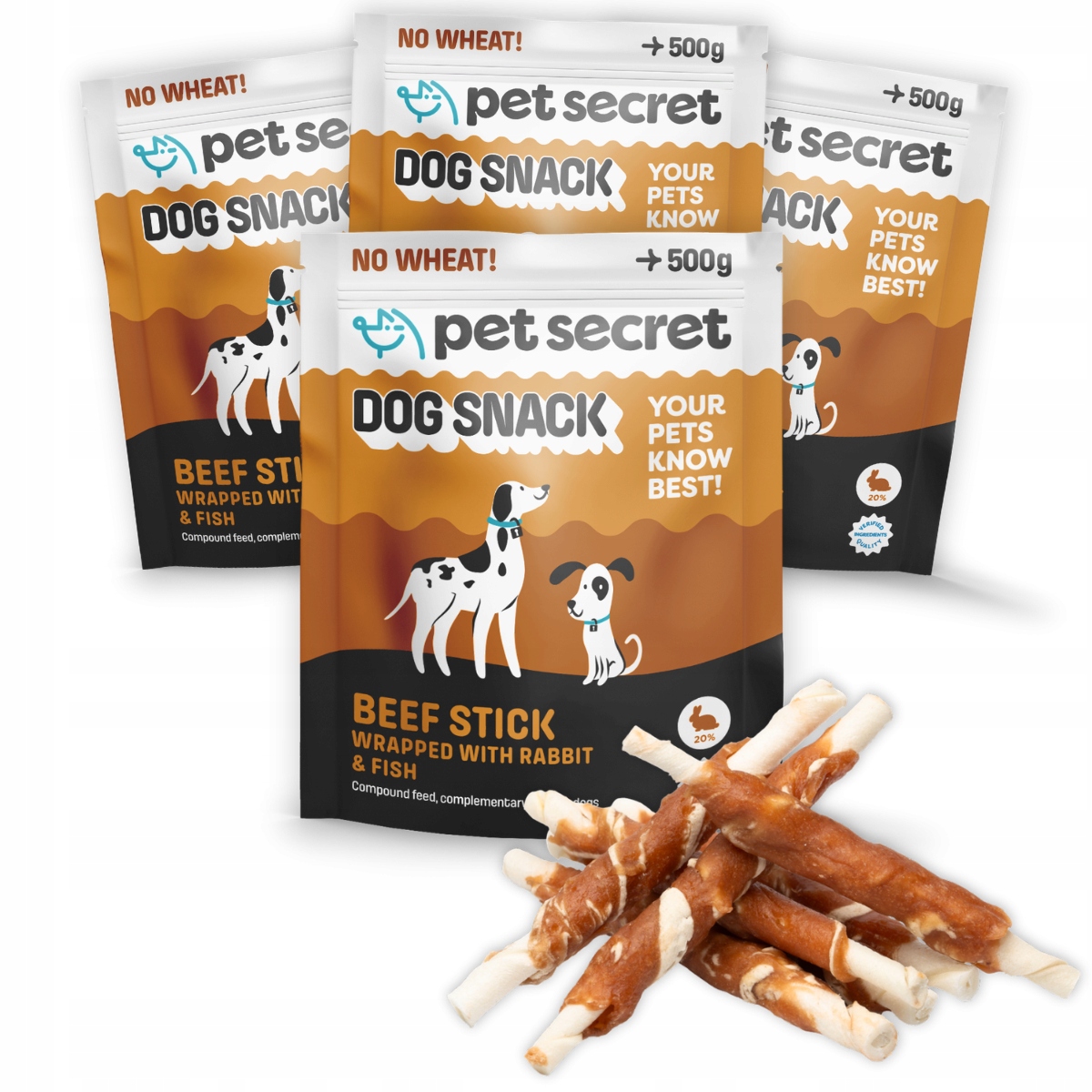 Psí pamlsek 4x500 g Hovězí tyčinky s rybím králičím masem Pet Secret