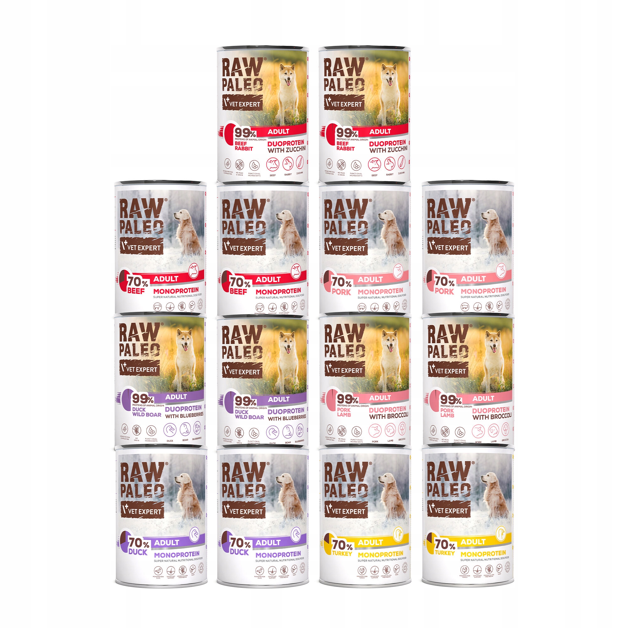 Mokra Karma dla Psa Raw Paleo mix 7 Smaków 70% Mięsa Dorosły 14x400g Zestaw