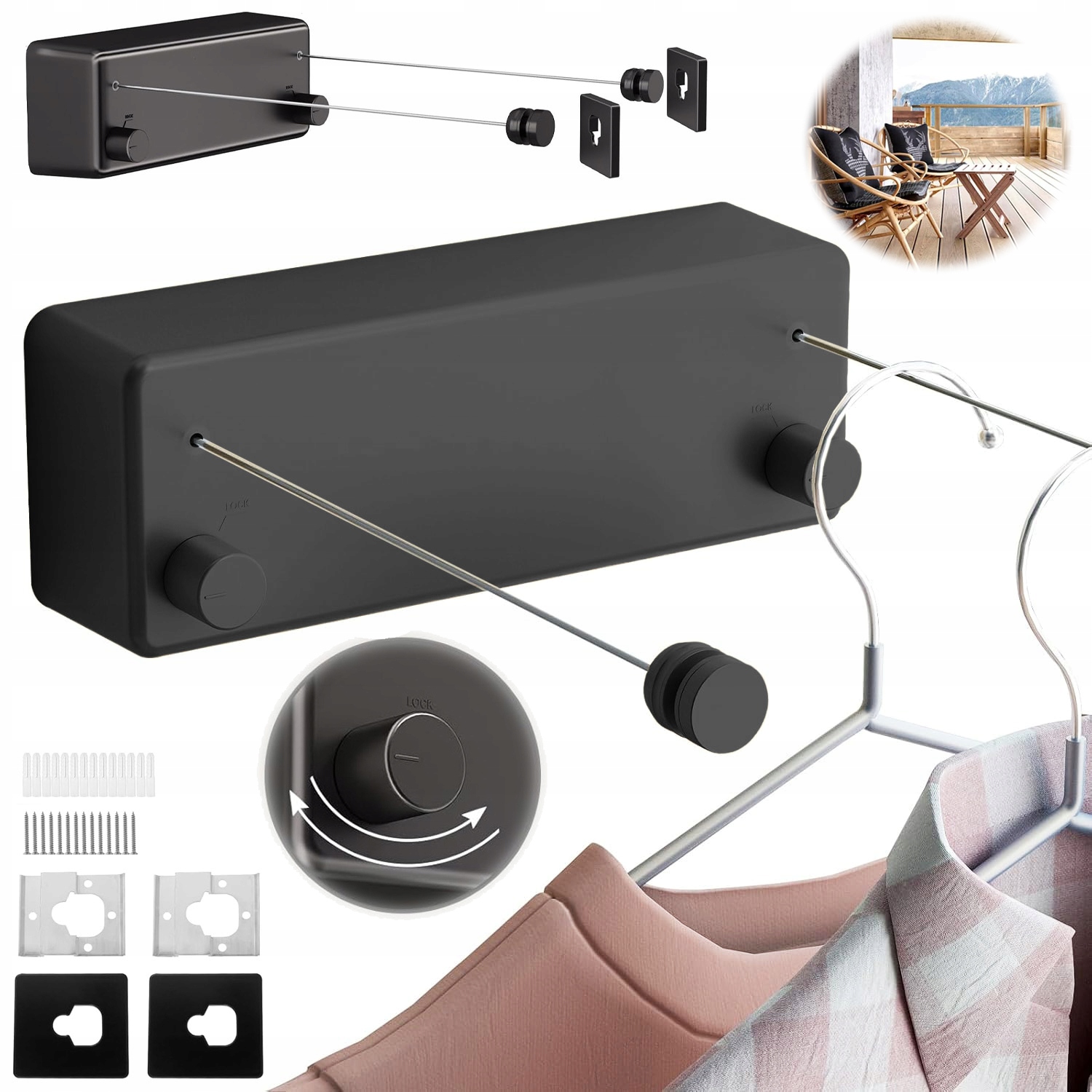 Levně Výsuvná Šňůra Na Prádlo Nástěnný Věšák Na Oblečení Ocelové Lanko Černá