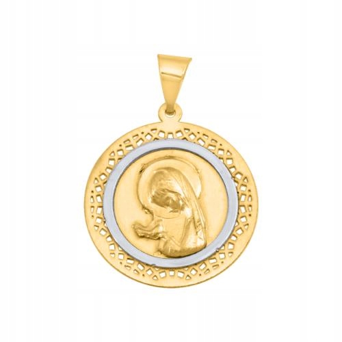 Kulatý zlatý medailon 585 s moderním tvarem a obrazem Panny Marie