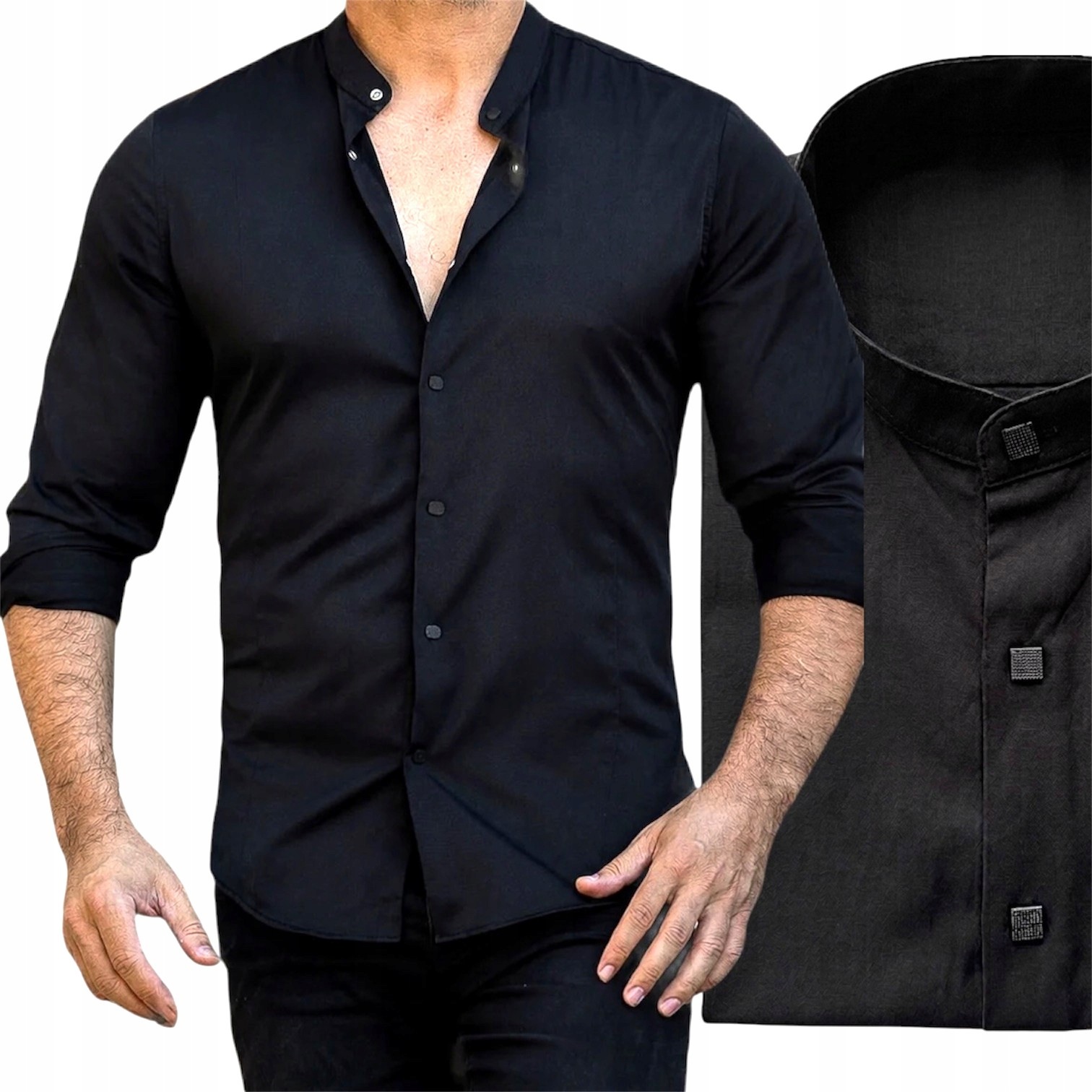 Pánská černá košile se stojáčkem na Silvestra, Vánoce, Slim Fit, XXL