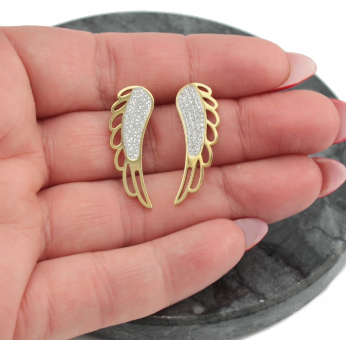 KOLCZYKI ZŁOTE STAL CHIRURGICZNA DUŻE SKRZYDŁA SZKLANE CYRKONIE