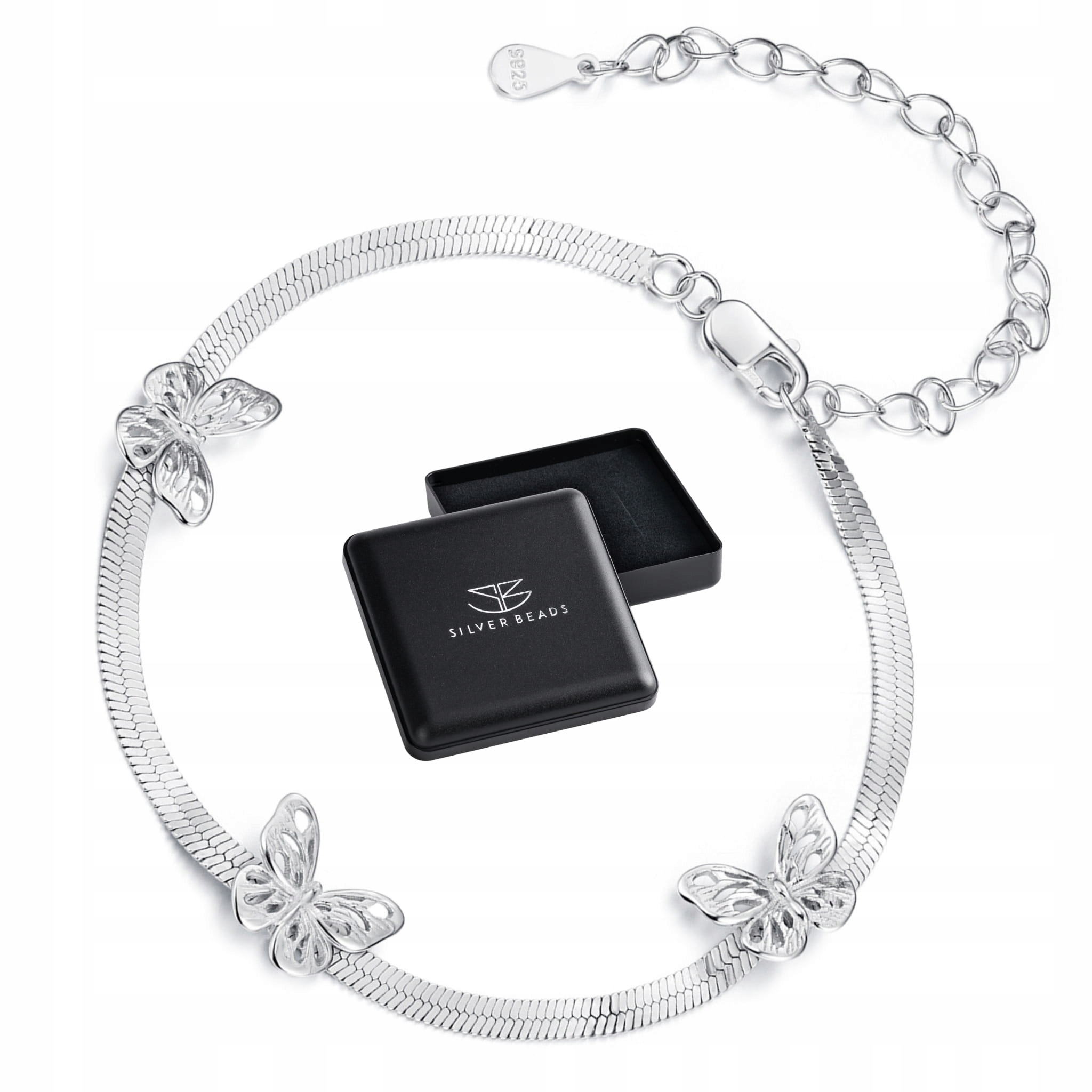 S236 Srebrna bransoletka jodełka z motylkami srebro 925