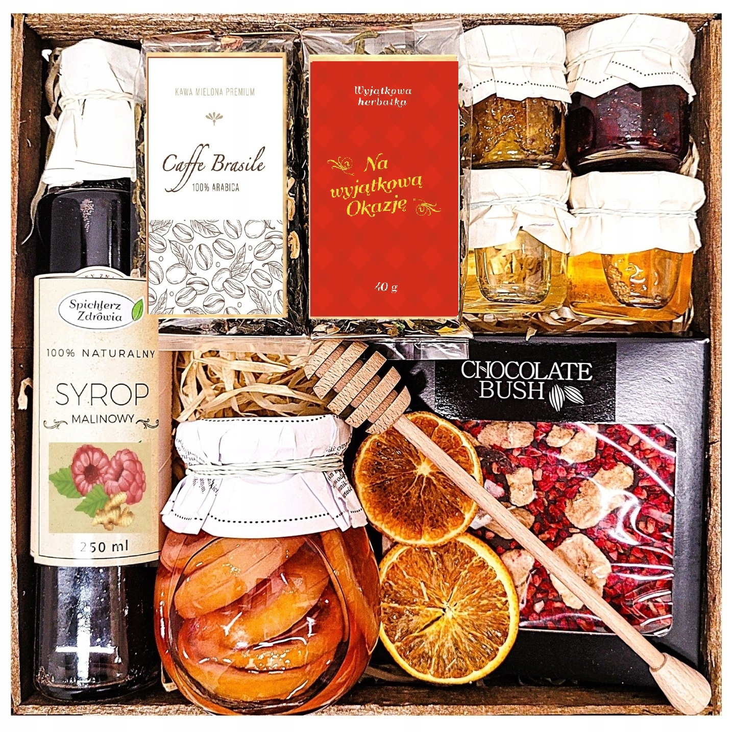 Levně Dárkový Koš Dárek Dárkové Balení Čaje Káva Malinový Sirup Čokoláda
