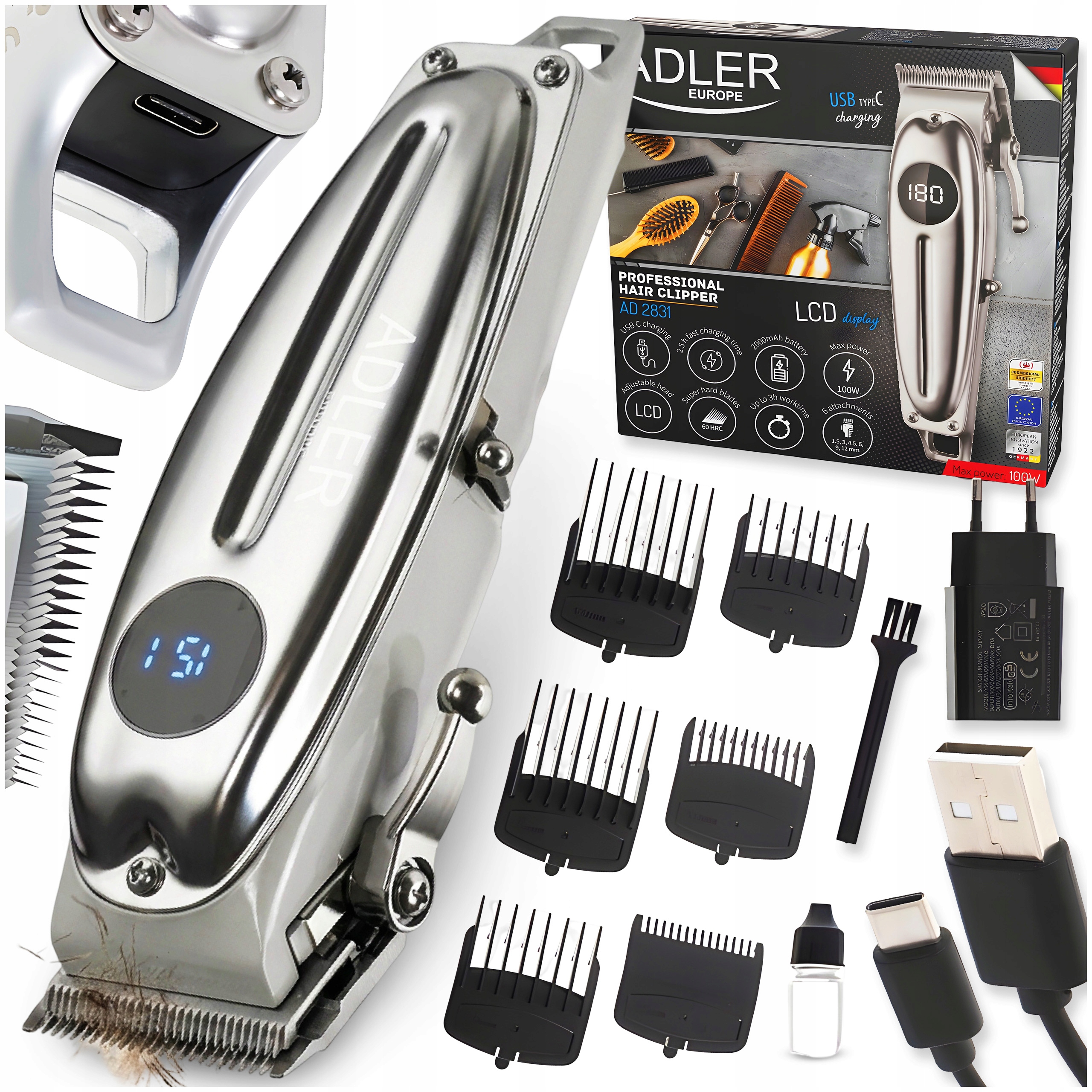 Profesjonalna Maszynka Do Strzyżenia Włosów Bezprzewodowa 100W 180min LCD