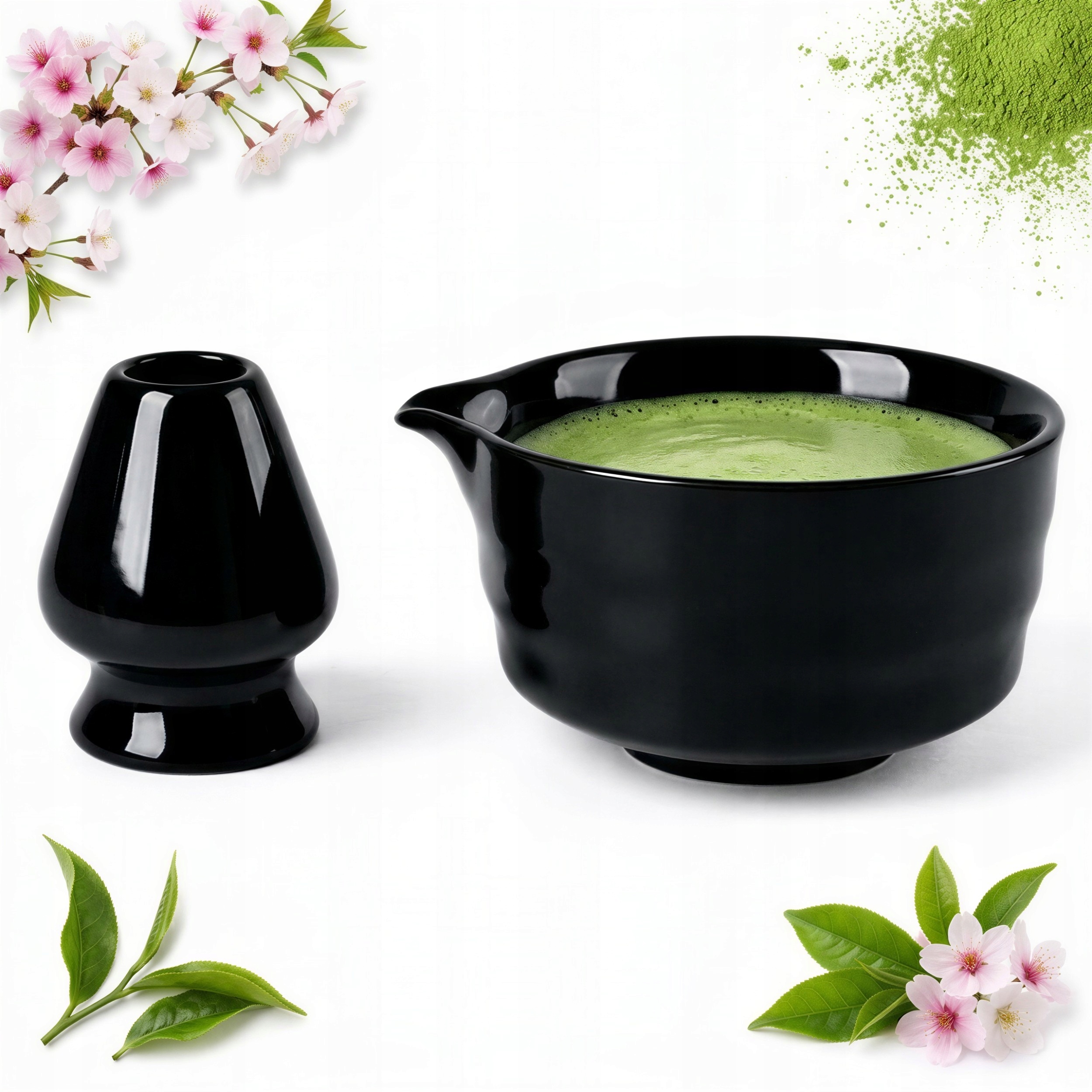 Sada Na Přípravu Čaje Matchy Černá Keramická Miska Podstavec Macha