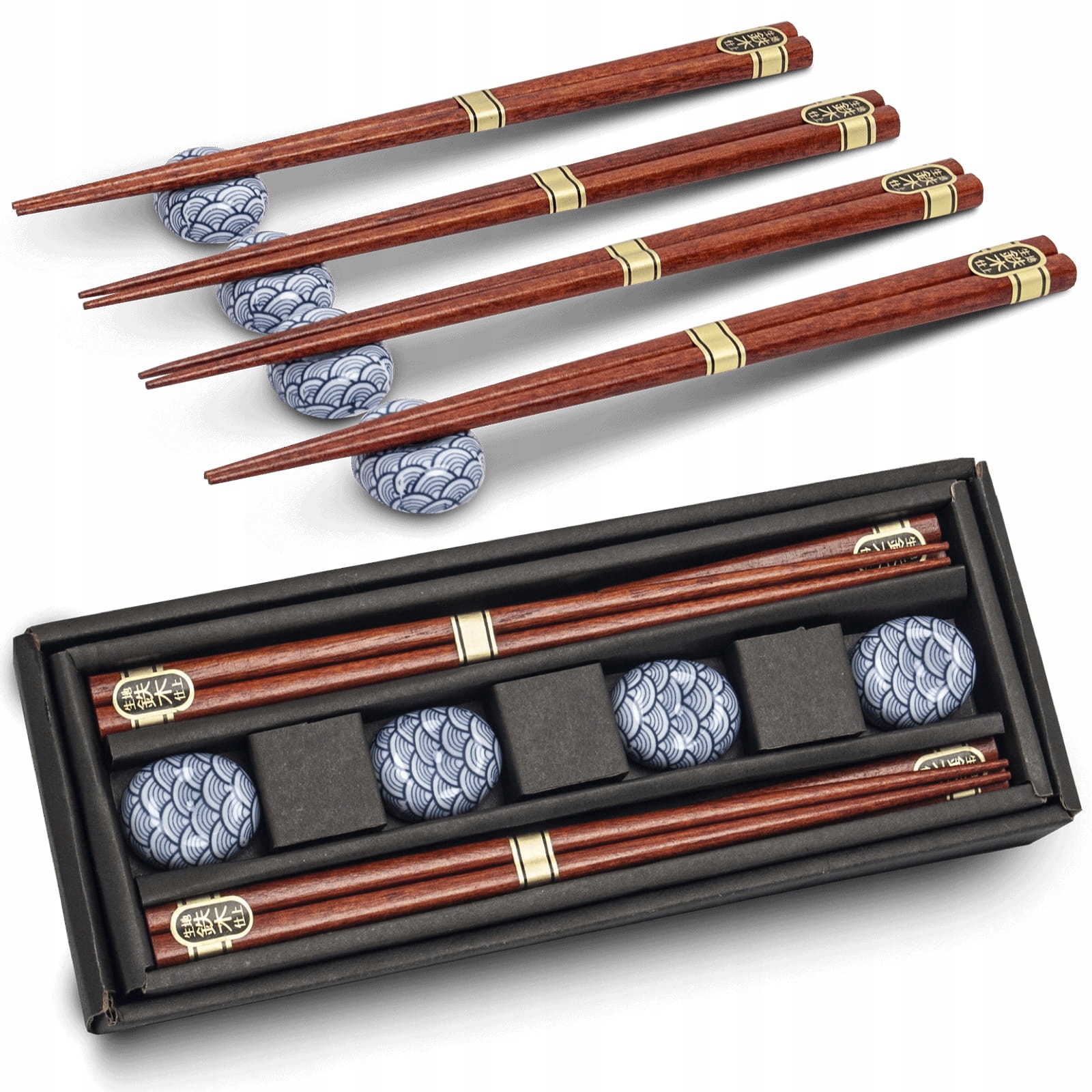 Zestaw Eleganckich Japońskich Pałeczek z Podstawką Seigaiha 4 Pary 22,5cm