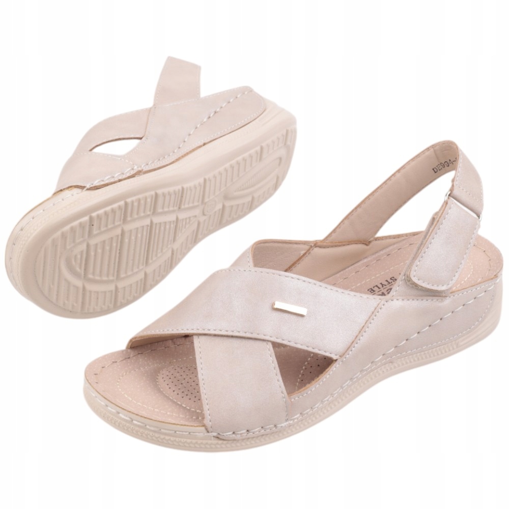 Beżowe Sandały Damskie Na Platformie Sandałki Rzepy Wkładka Ekoskóra