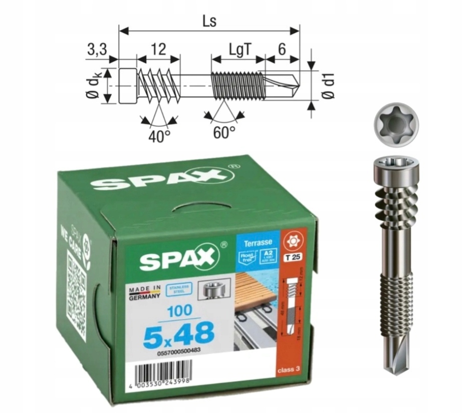 Šrouby do terasových prken, pro ocel Spax 5 x 48 mm 100 ks