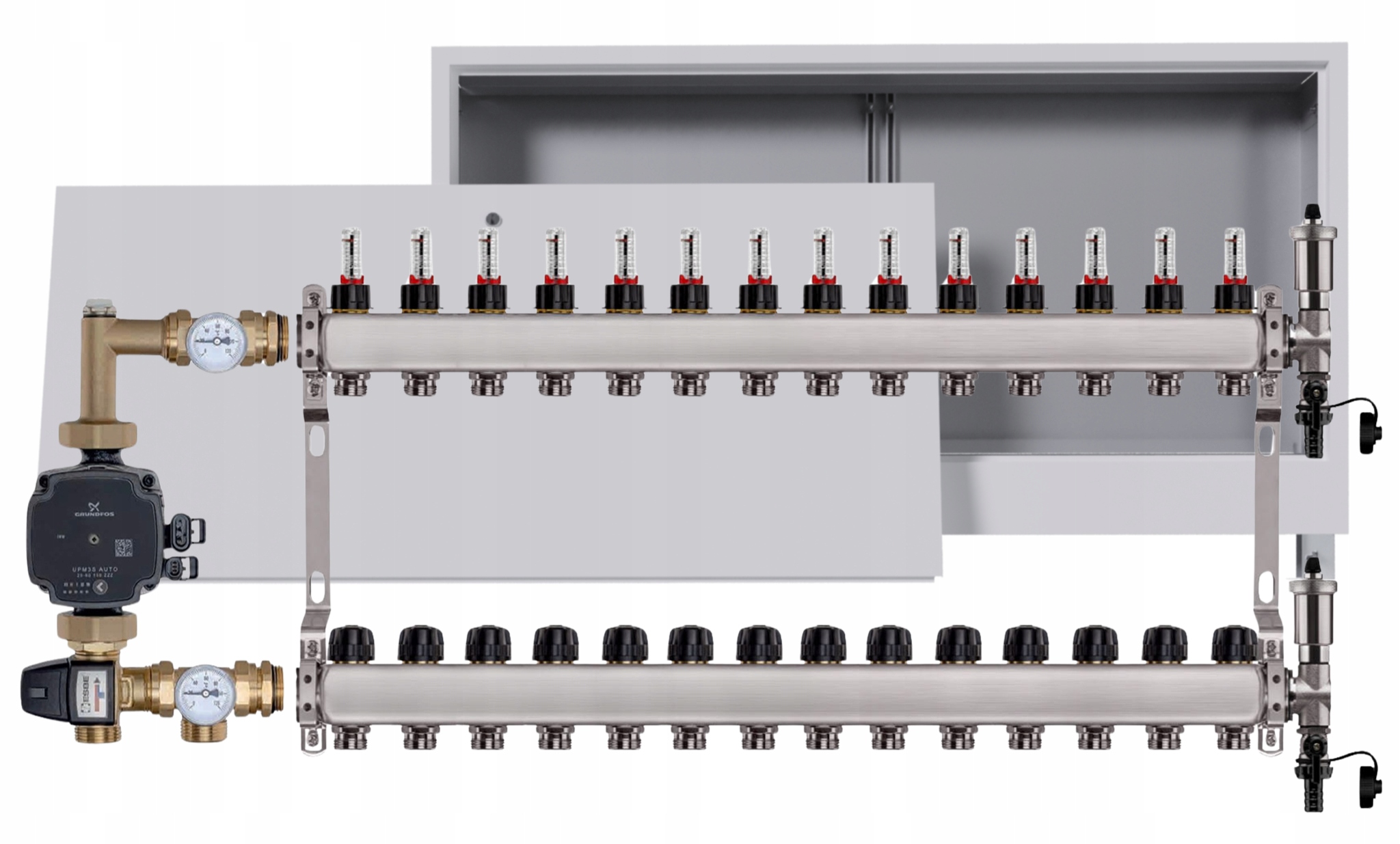 Nerezový rozdělovač pro podlahovku 14 podomítkový box Čerpadlo Grundfos
