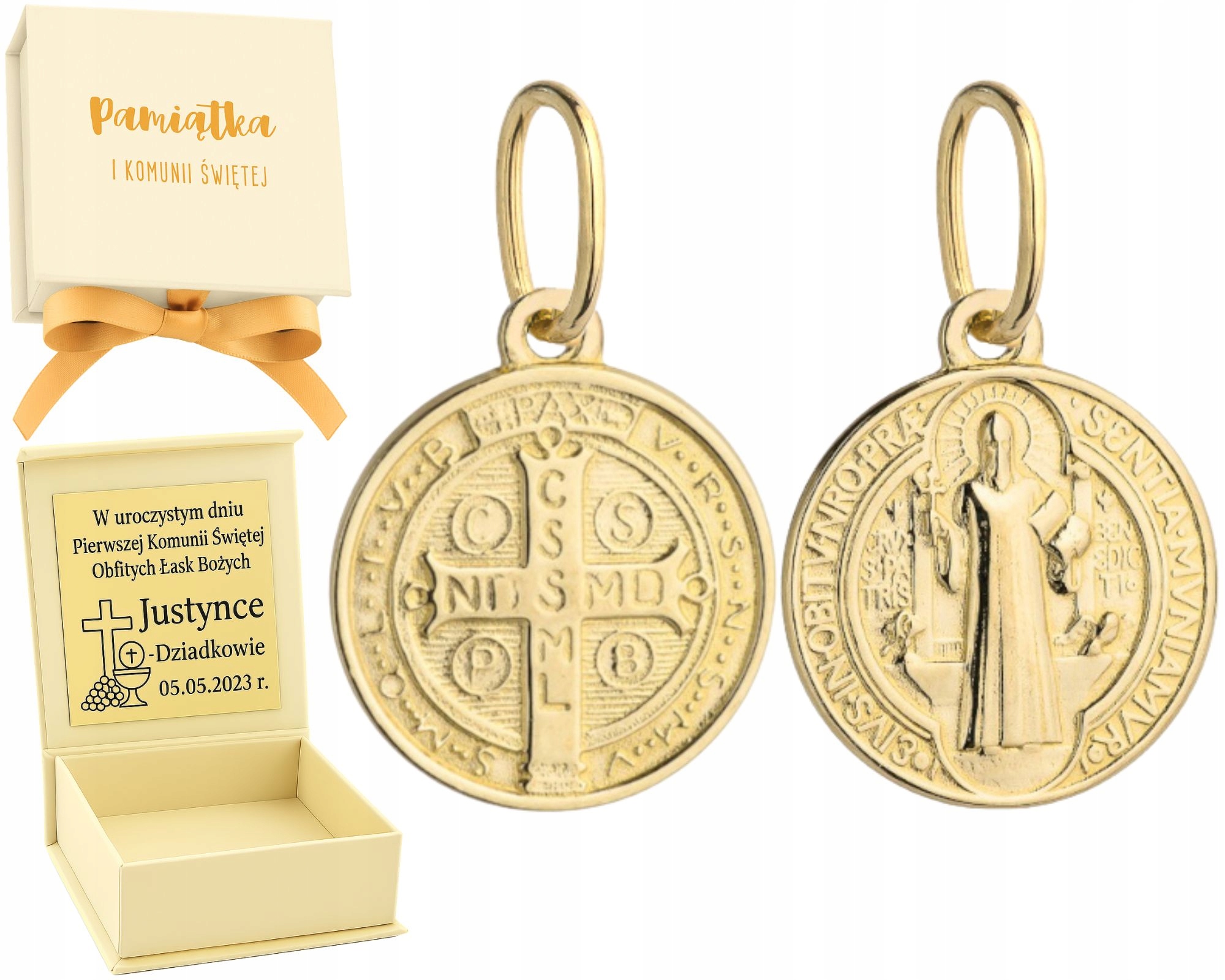 Zlatý medailonek svatý Benedikt Malý Kulatý na svaté přijímání Zlato 585 Gravírování