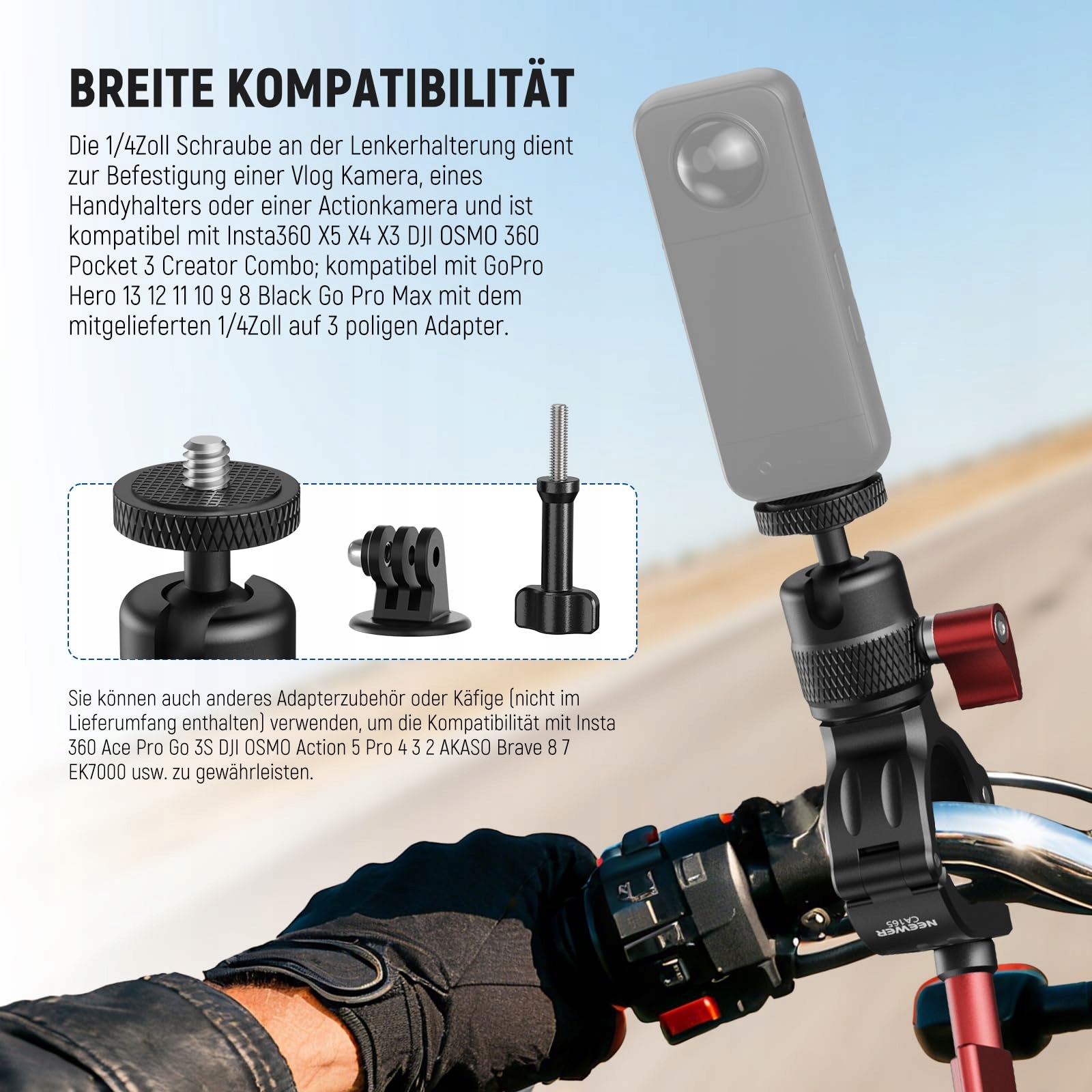 NEEWER Uchwyt Rowerowy Motocyklowy Kompatybilny z GoPro DJI Osmo 360° — miniatura 2