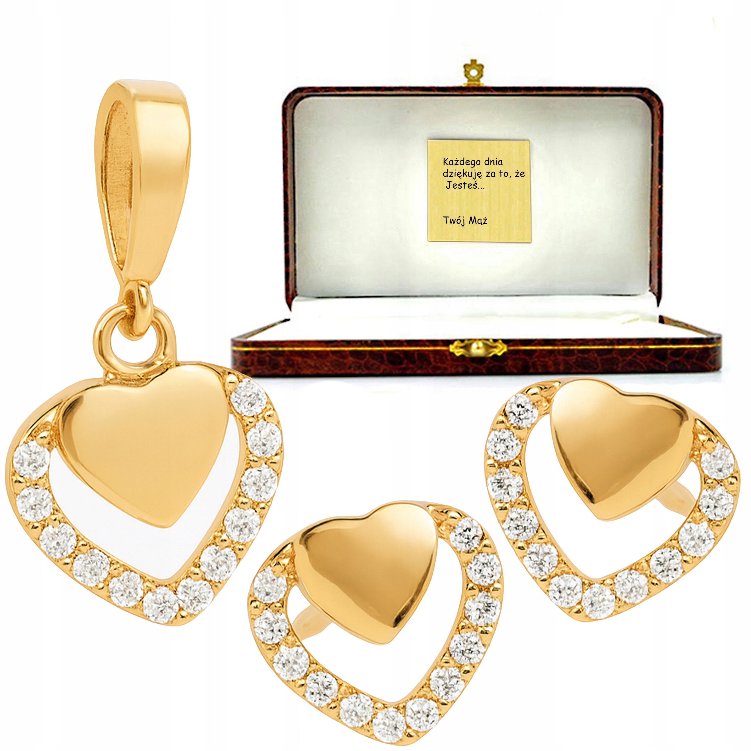 Zlaté šperky se srdíčkem 585 s gravírování bílými srdíčka 14k