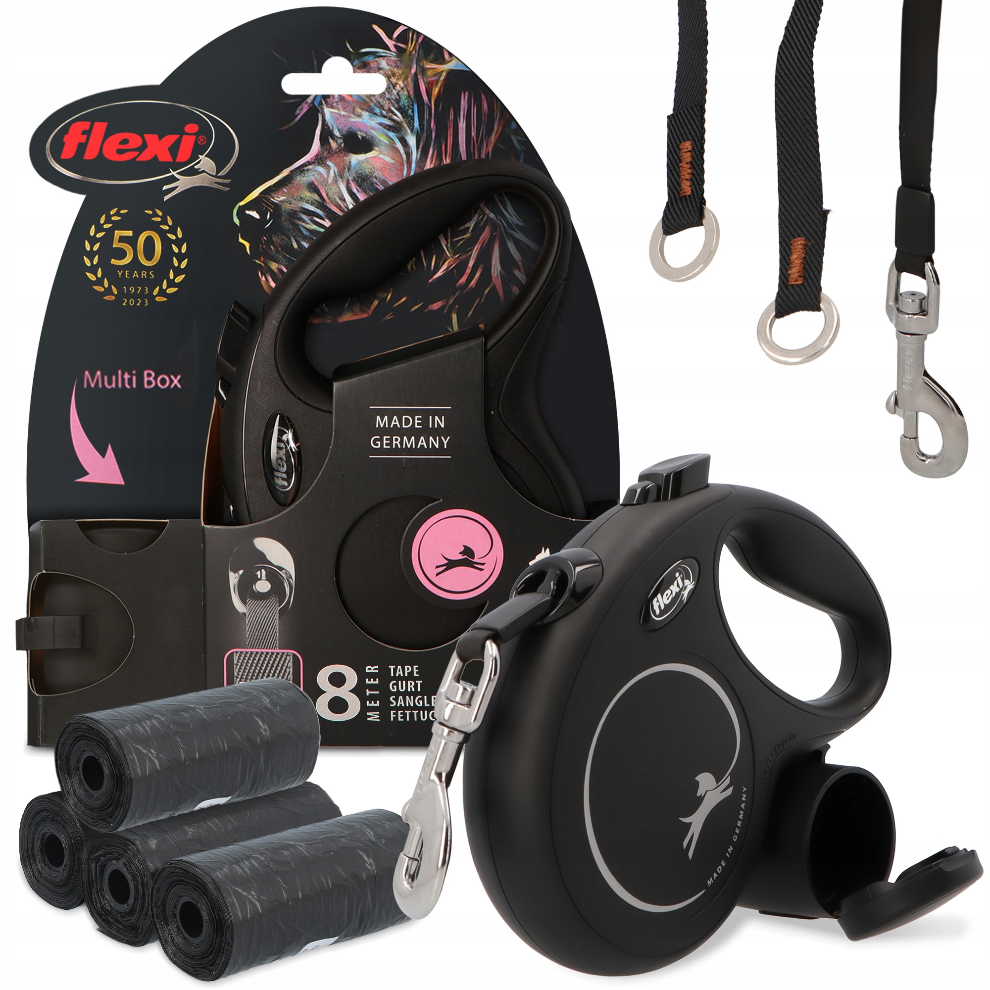 Levně Vodítko Psa Automatická Zámková páska 8 m Multi Box 80 x Sáčky Psí Odch 3O