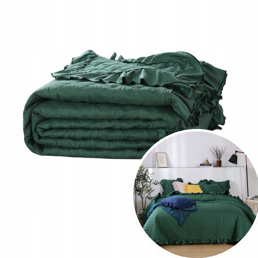 Prošívaný Přehoz s falbankou Lahvově Zelená Barva 240 x 220 Velký XXL Pléd Kapa