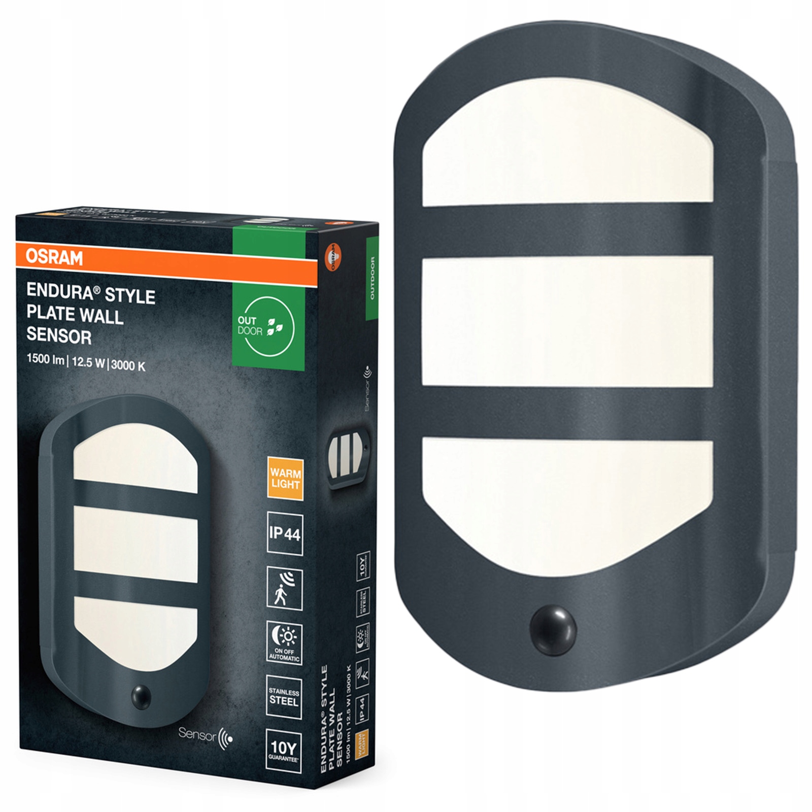 Záhradná nástenná lampa Led Snímač pohybu súmraku 12.5 W 3000K IP44 Endura