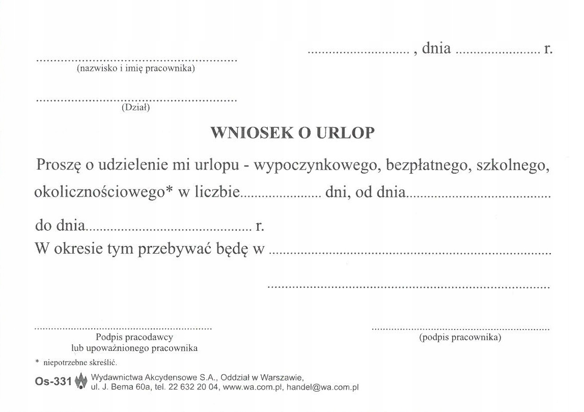 WNIOSEK O URLOP Kod producenta OS-331/W