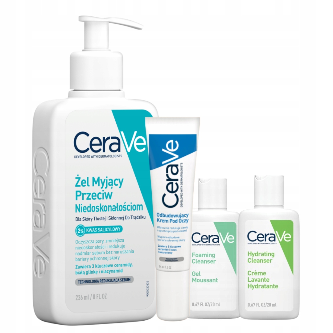 CeraVe Zestaw Żel Myjący Przeciw Niedoskonałościom 236ml, Krem pod Oczy 14g