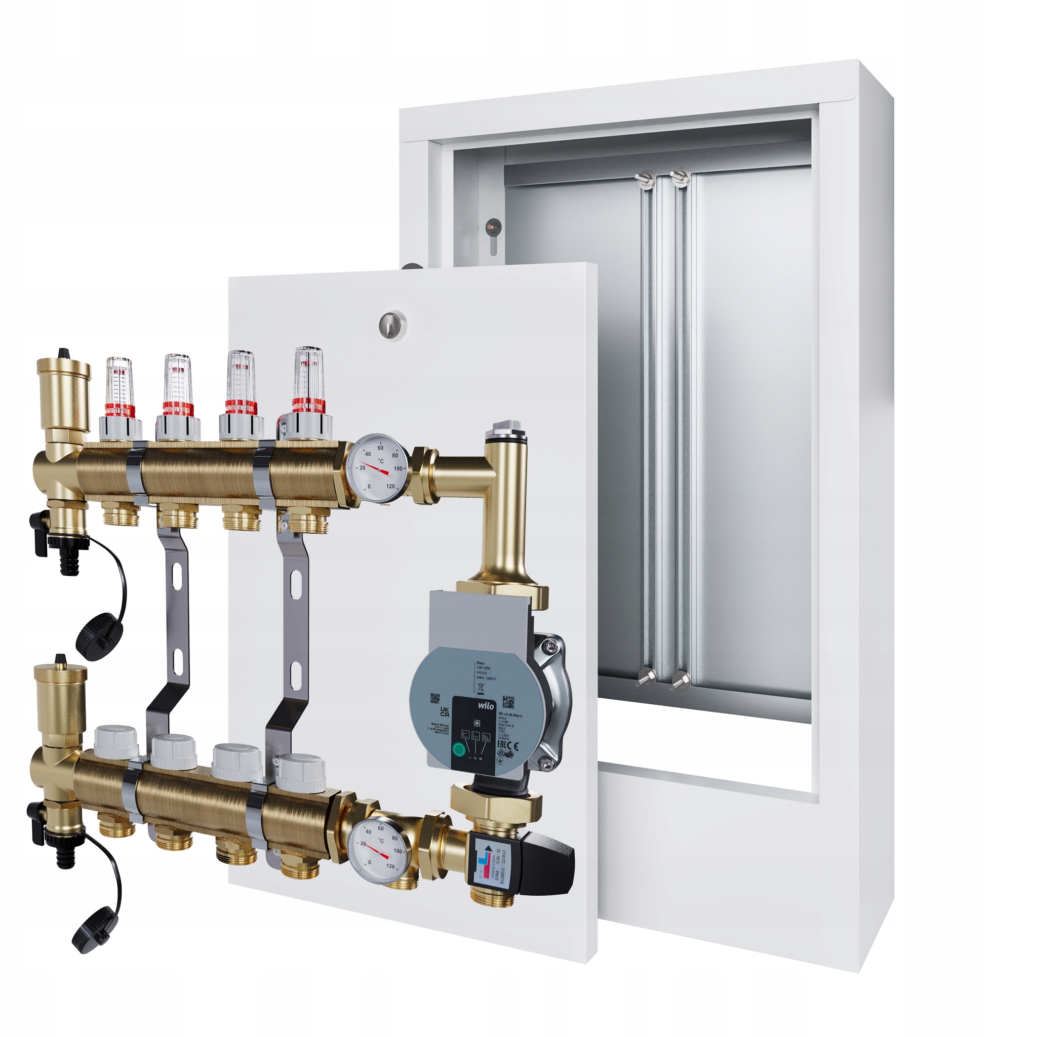 Rozdělovač pro podlahovku 4 s čerpací skupinou Wilo a nástěnným boxem