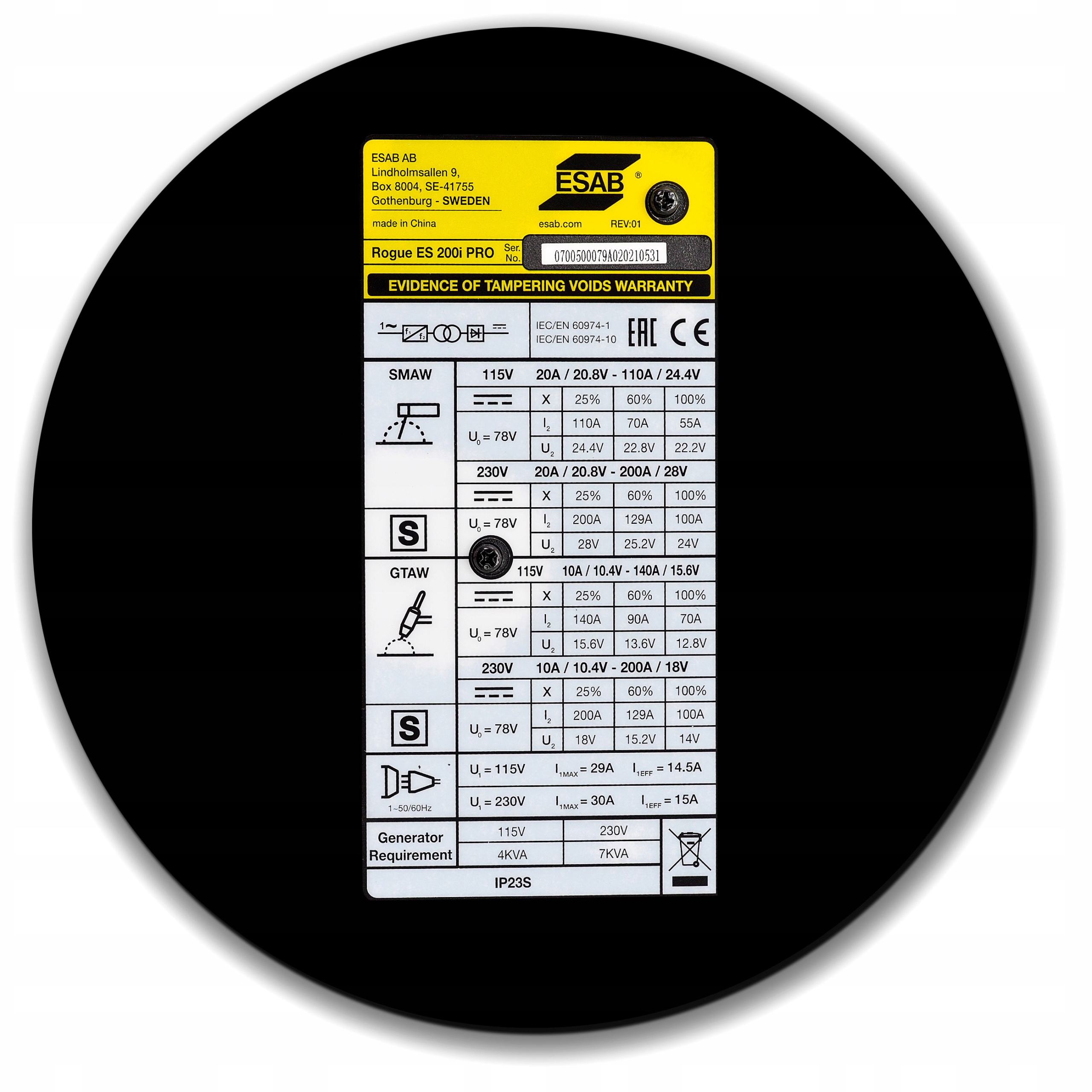 Spawarka elektrodowa ESAB ROGUE ES200i PRO MMA TIG Czas cyklu pracy 25%