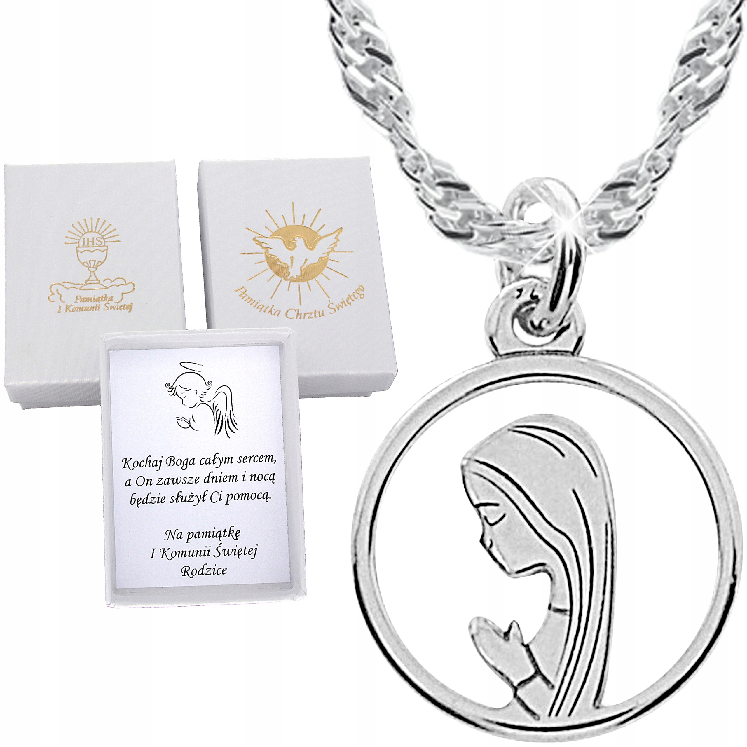 SREBRNY ŁAŃCUSZEK KOMUNIJNY MEDALIK MATKA BOSKA NA KOMUNIĘ DLA DZIEWCZYNKI