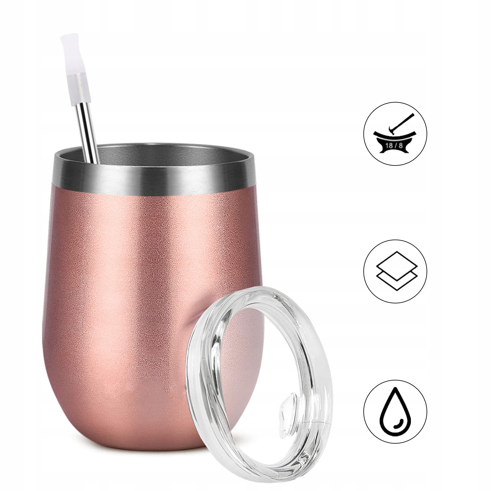 2X PODWÓJNA ŚCIANKA KUBEK 360 ML ZE STALI NIERDZEWNEJ Z POKRYWKĄ I SŁOMKĄ Stan opakowania oryginalne