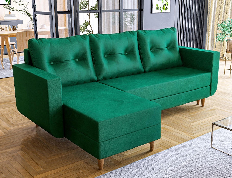 Pohodlný rohová sedací souprava s funkcí spaní Baldur v lahvově zelené barvě.