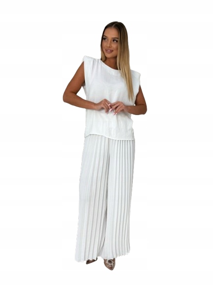 Elegantní dámský komplet: halenka široké plisované kalhoty, bílý