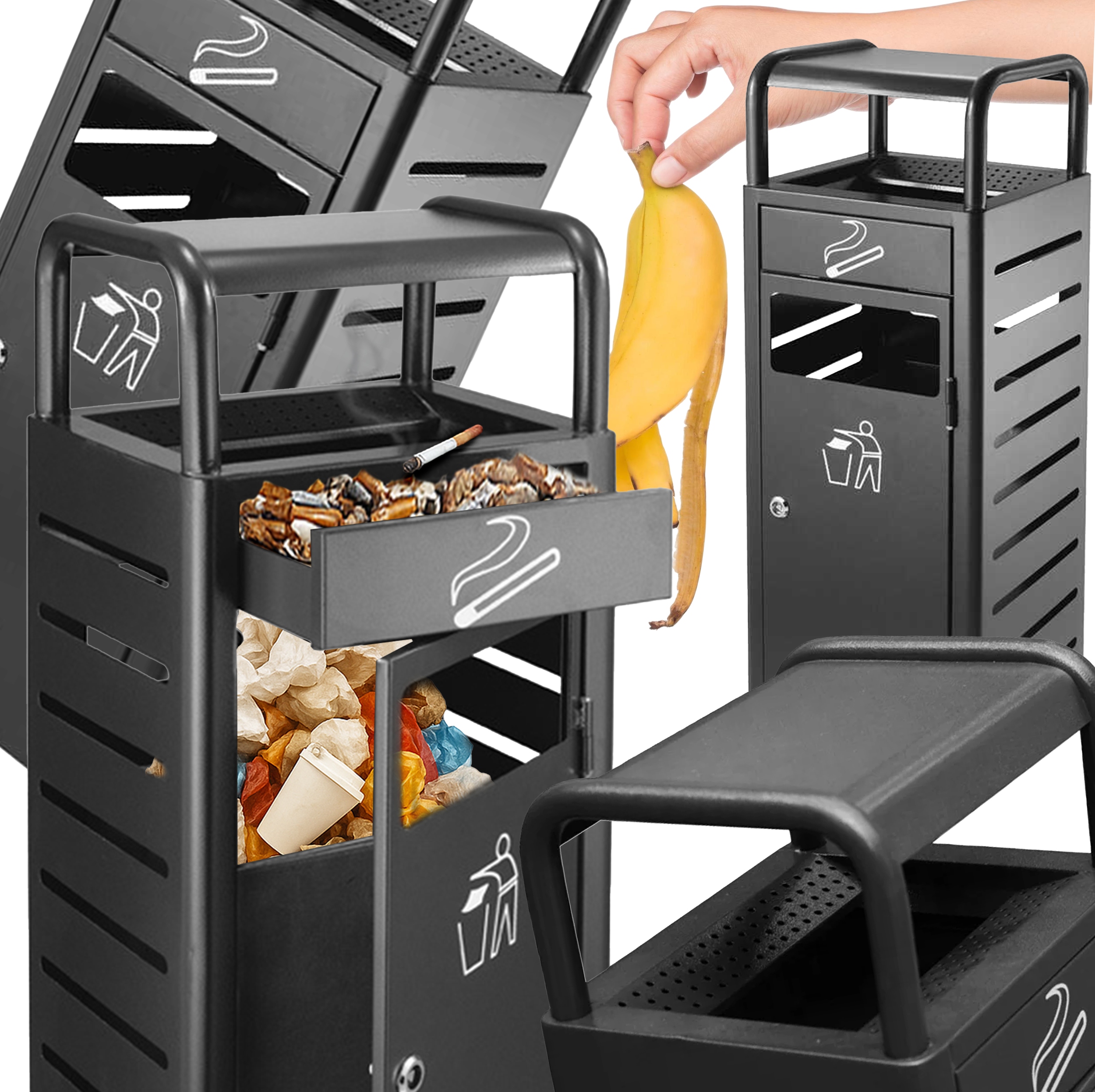 Levně Odpadkový Koš Kovový Černý S Popelníkem Na Tříděný Odpad