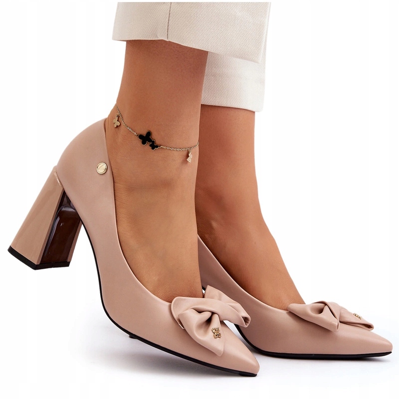 Lodičky Na Podpatku S Mašlí, Eko Kůže, Špičky, Béžové, Velikost 37