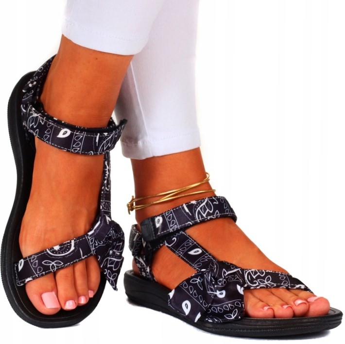 SANDAŁY DAMSKIE CZARNE LETNIE REGULOWANE NA RZEP SPOROTWE PŁASKIE