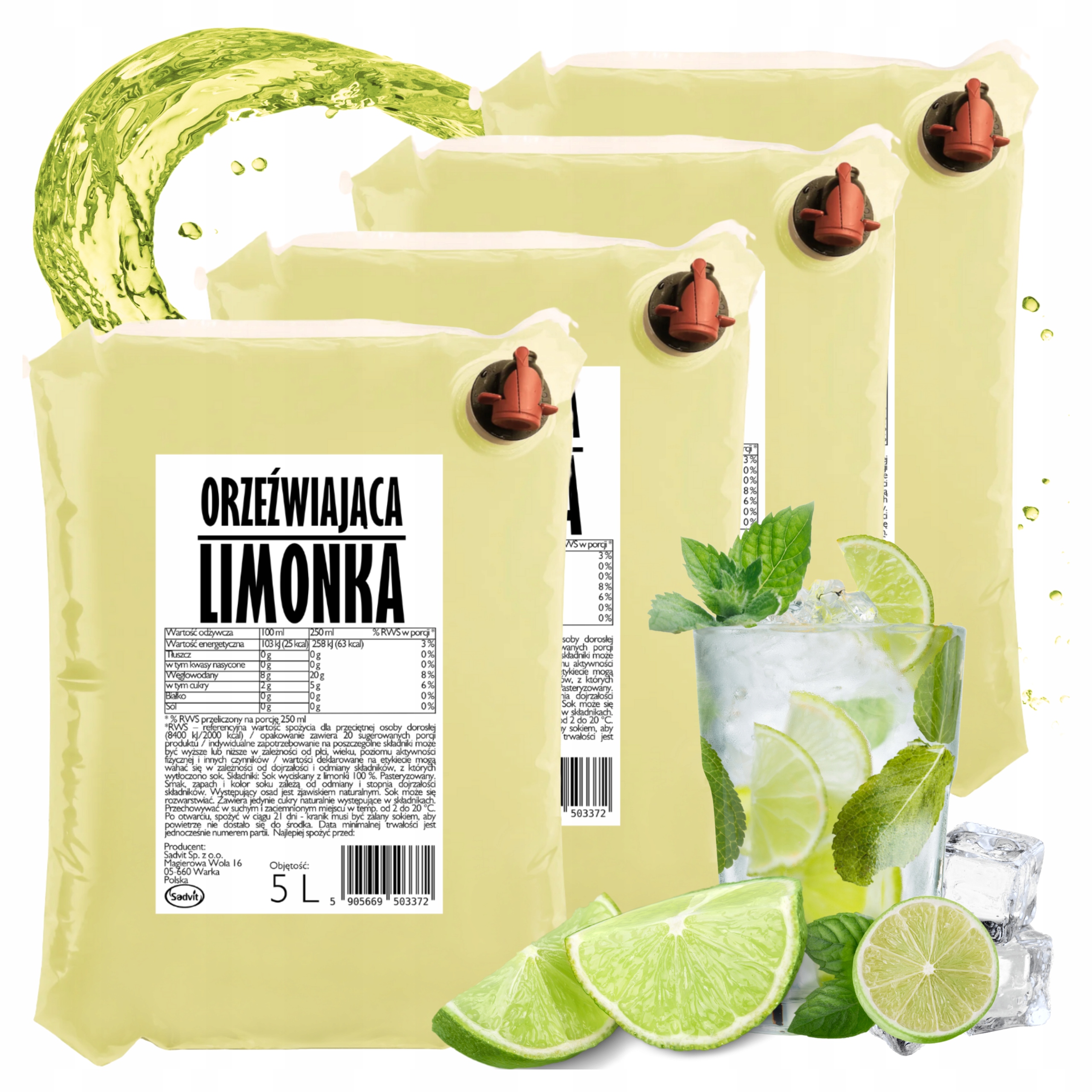 Sok z limonki Limonkowy 100% Limonka Nfc Naturalny Bez dodatków 4x5l