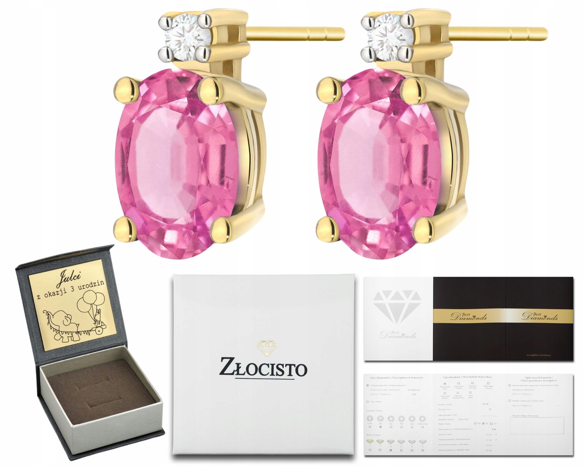 Zlaté Náušnice S Růžovým Topazem Diamanty Brilianty Zlatá Tyčinka 585