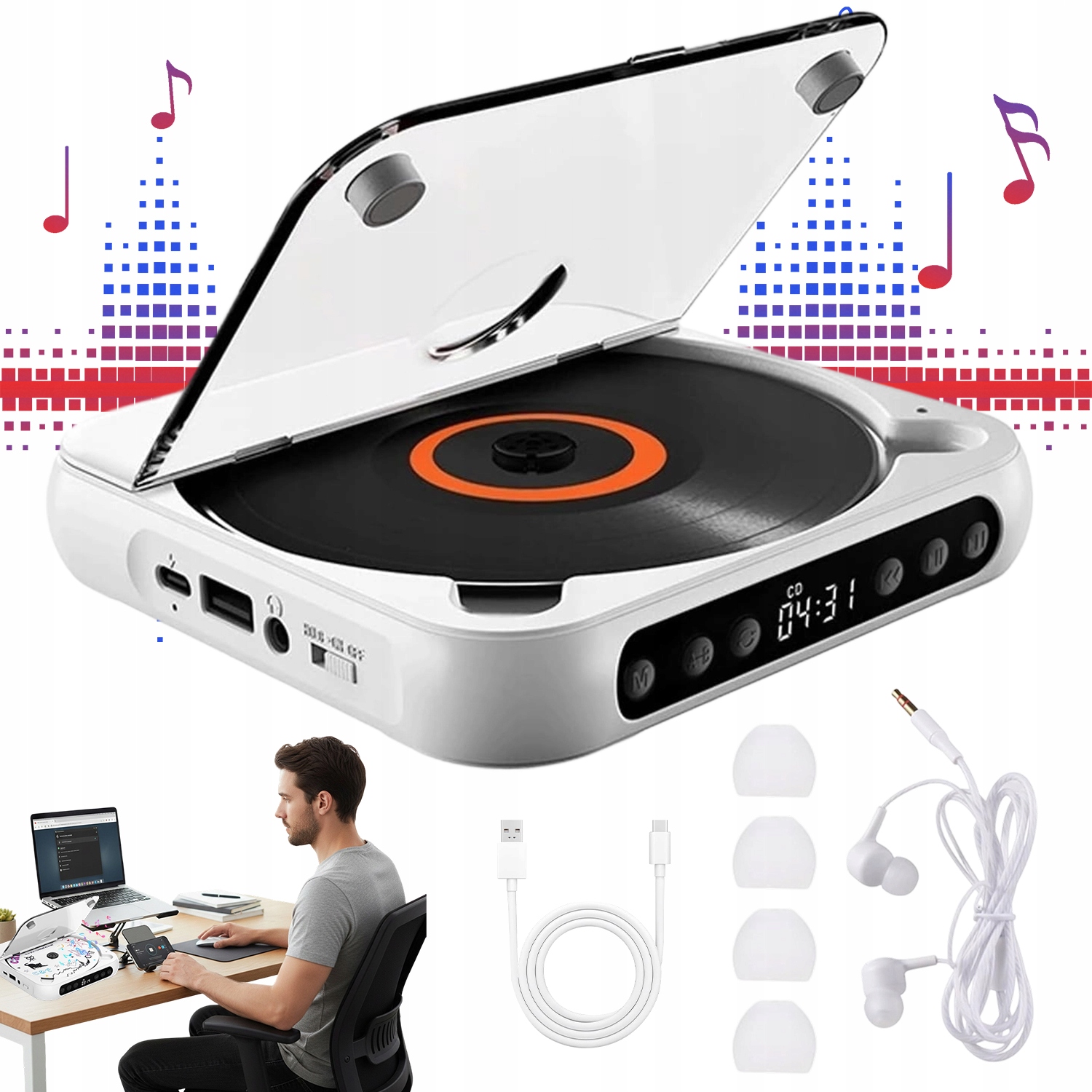 Vintage CD Přehrávač S Bluetooth Reproduktorem A Fm Rádiem 3.5 MM Aux Usb, Bílý