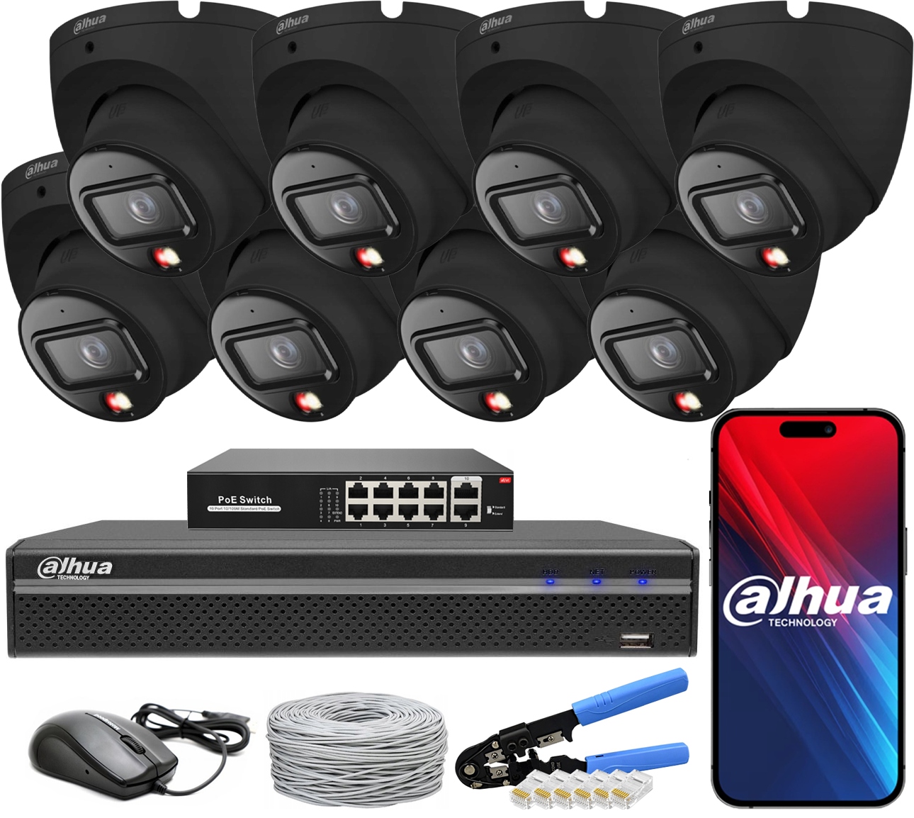 Zestaw Monitoringu Dahua 8 Kamer 6Mpx IPC-HDW1639T-A-IL-0280B-S6 Black PoE