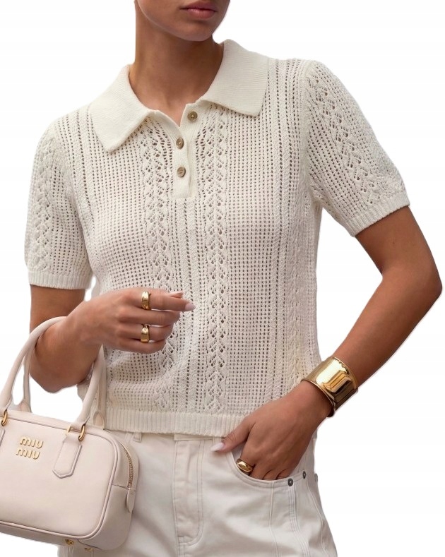 Cocomore Yarn Premium Ažurová mikina s límcem Polo Ecru