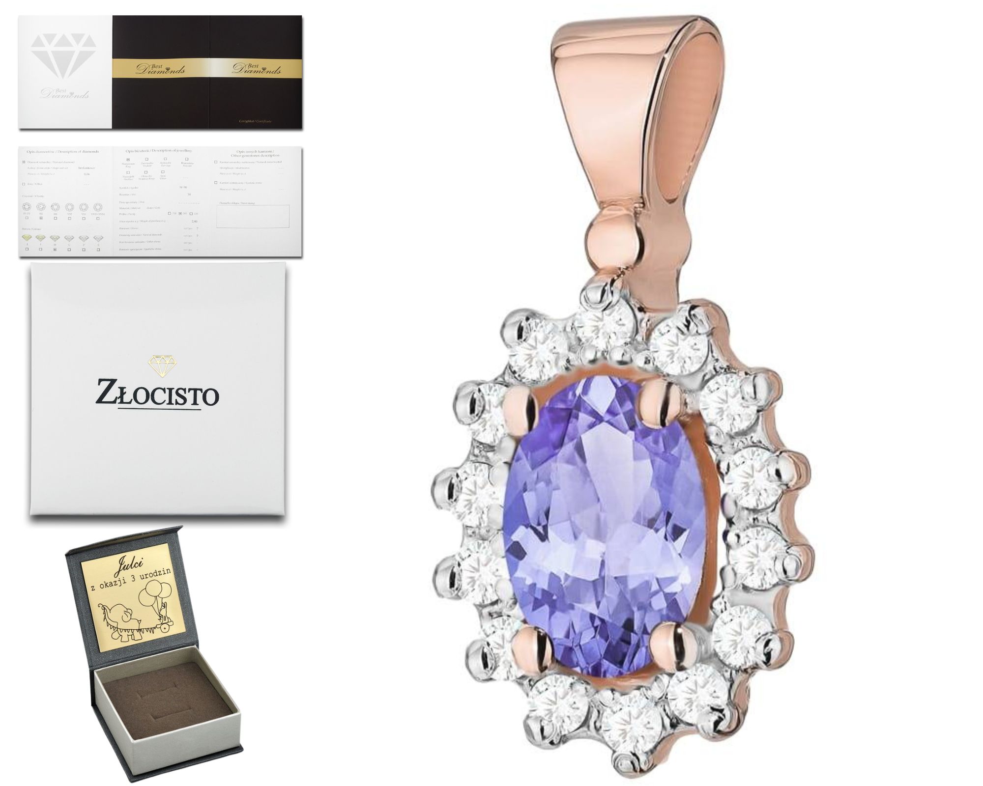 Růžové Zlato Přívěsek S Diamanty A Tanzanitem 585 Dárek