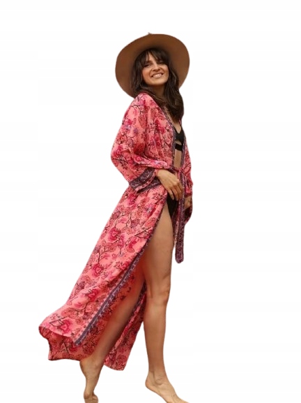 Tenký Dlouhý Župan Na Léto, Volné Kimono, Boho, Růžový Župan