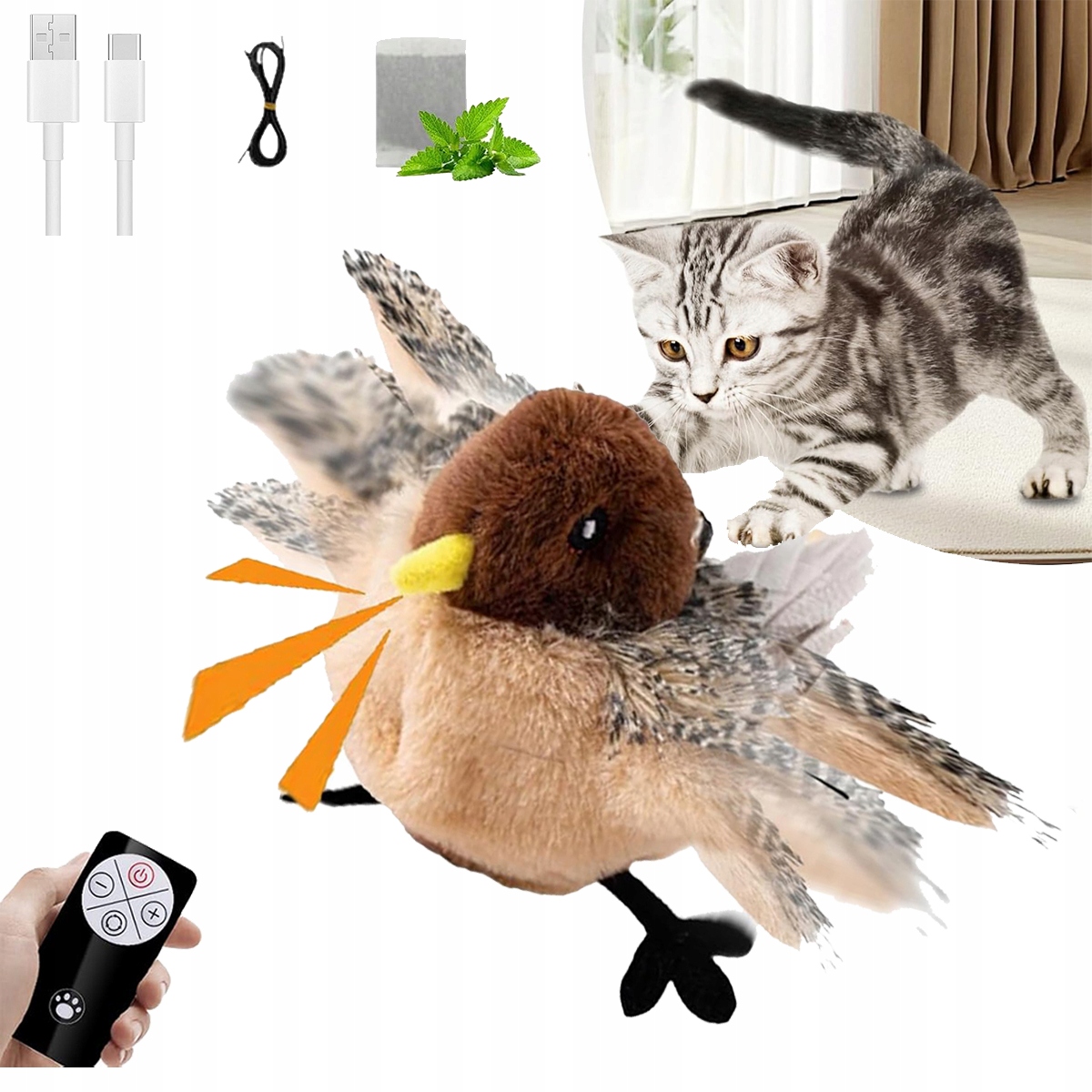 Levně Interaktivní Hračka Pro Kočky Plyšový Ptáček Pohyblivý Ptáček