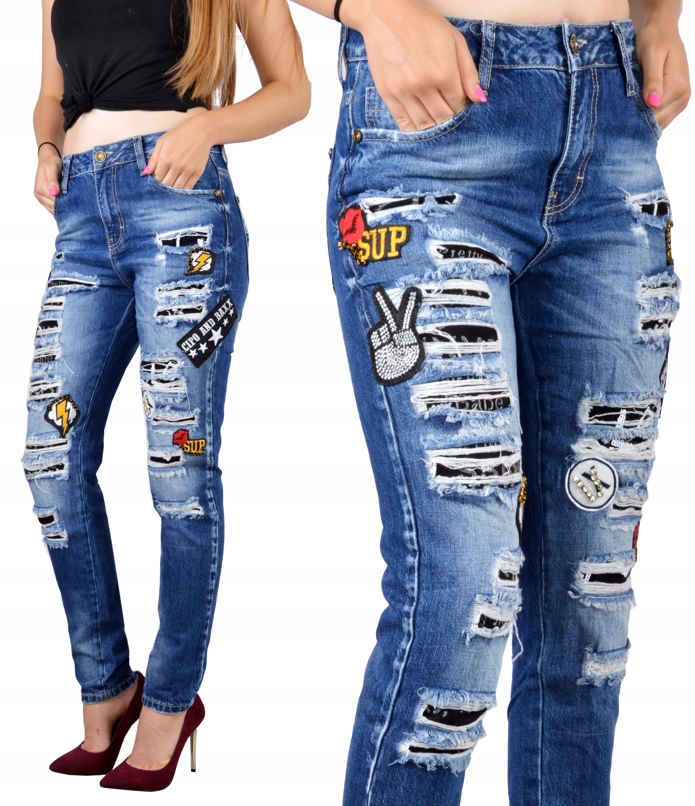 

Jeansy Damskie Spodnie Jeansowe Naszywki Dziury