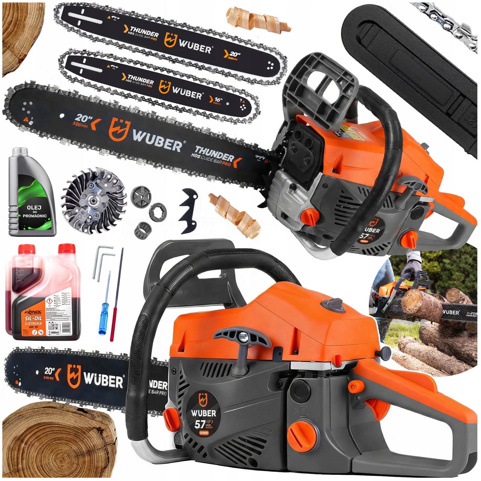 Piła Spalinowa Pilarka Do Drewna Łańcuchowa 5,7KM +2 Prowad +olej +2x Łańc.