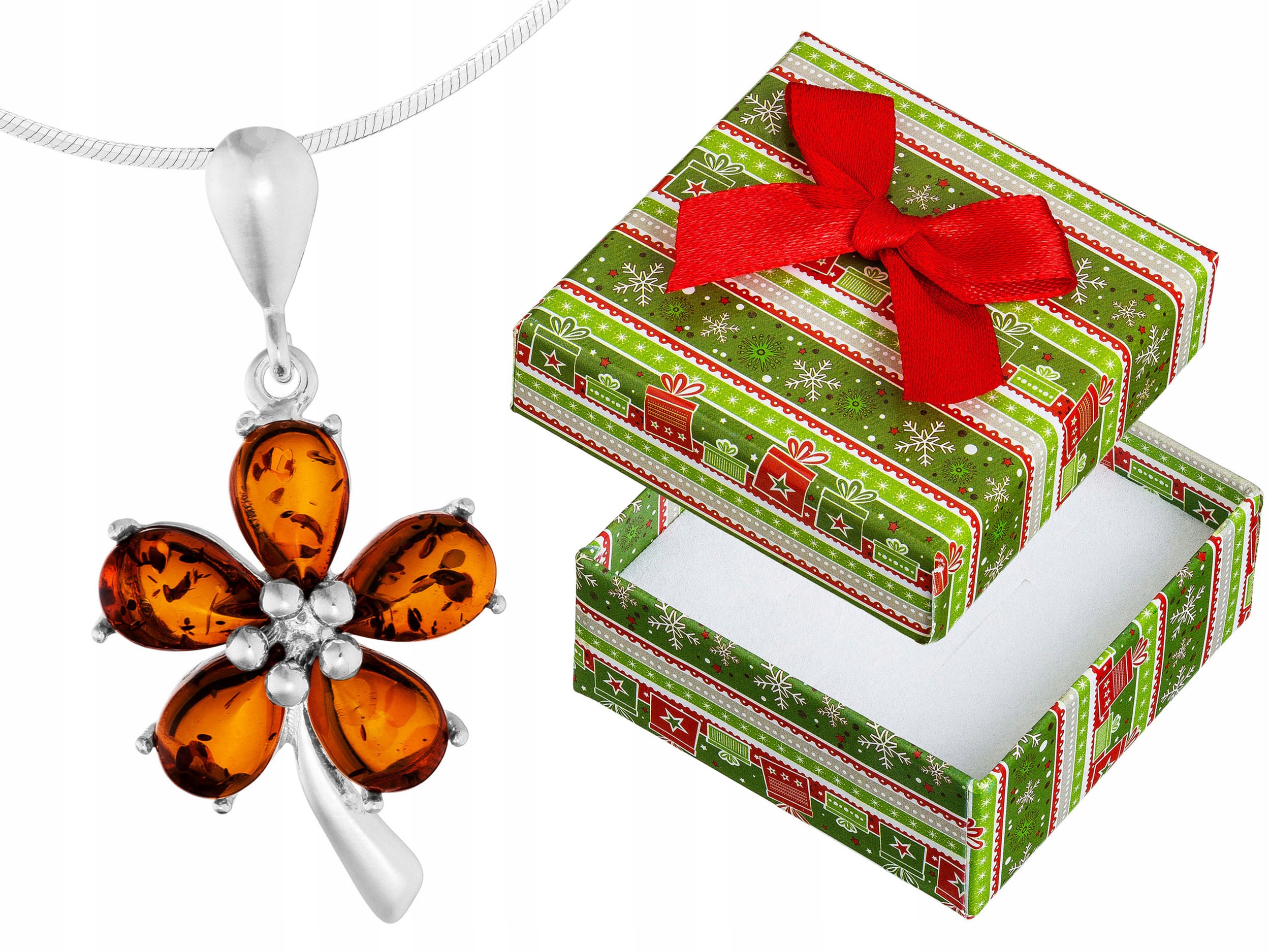 Dlouhý Stříbrný Náhrdelník Květina s Jantarem Květ Jantar Stříbro 60 cm