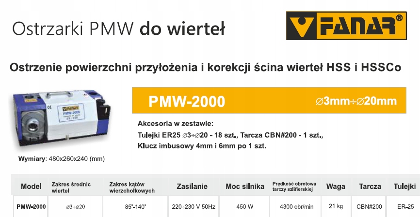 Fanar PMW-2000 ostrzałka do wierteł 3-20 mm Kod producenta PMW-2000