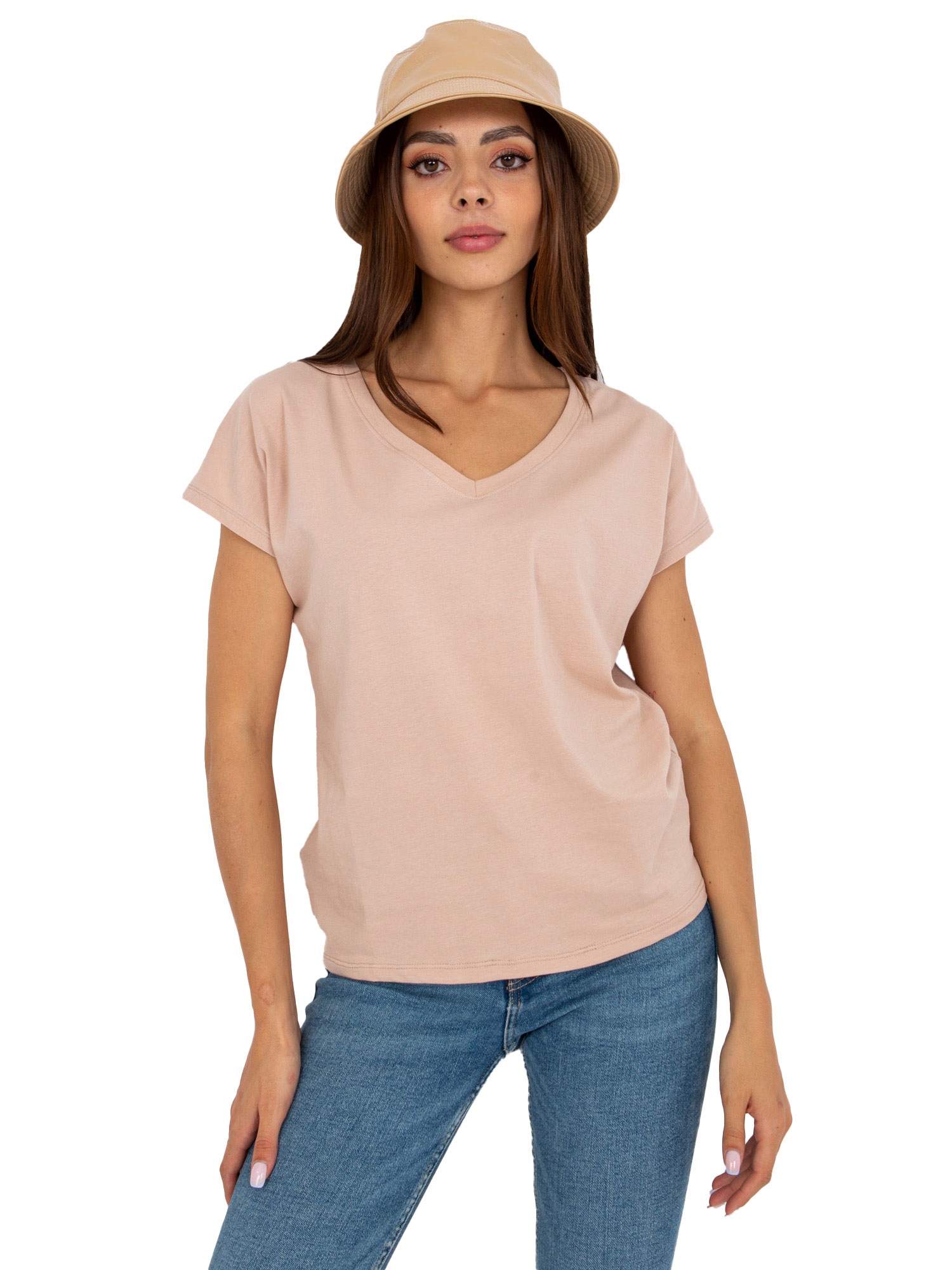 

Damski t-shirt basic z dekoltem w serek M